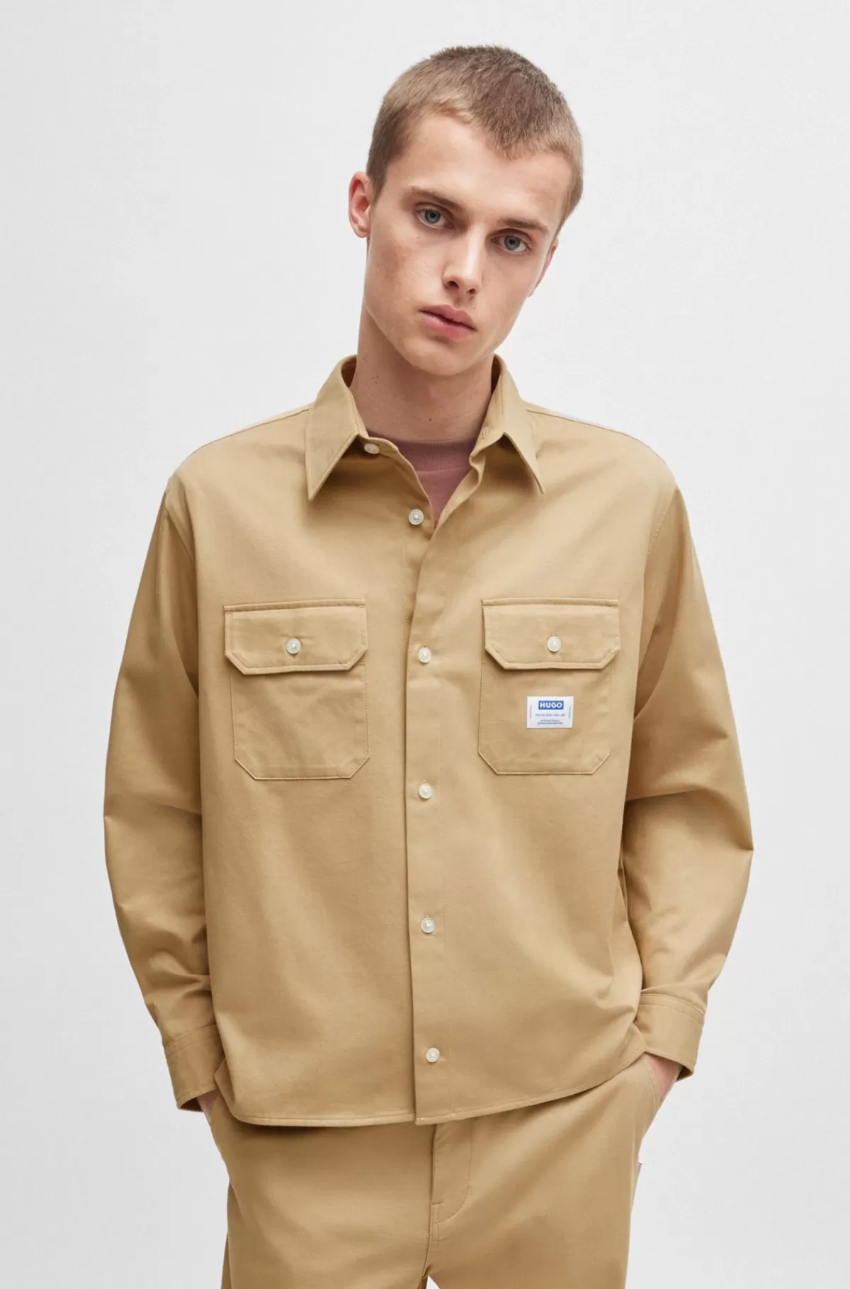 HUGO BOSS Skjorte I Bomuldstwill Med Logomærkat Beige Clearance