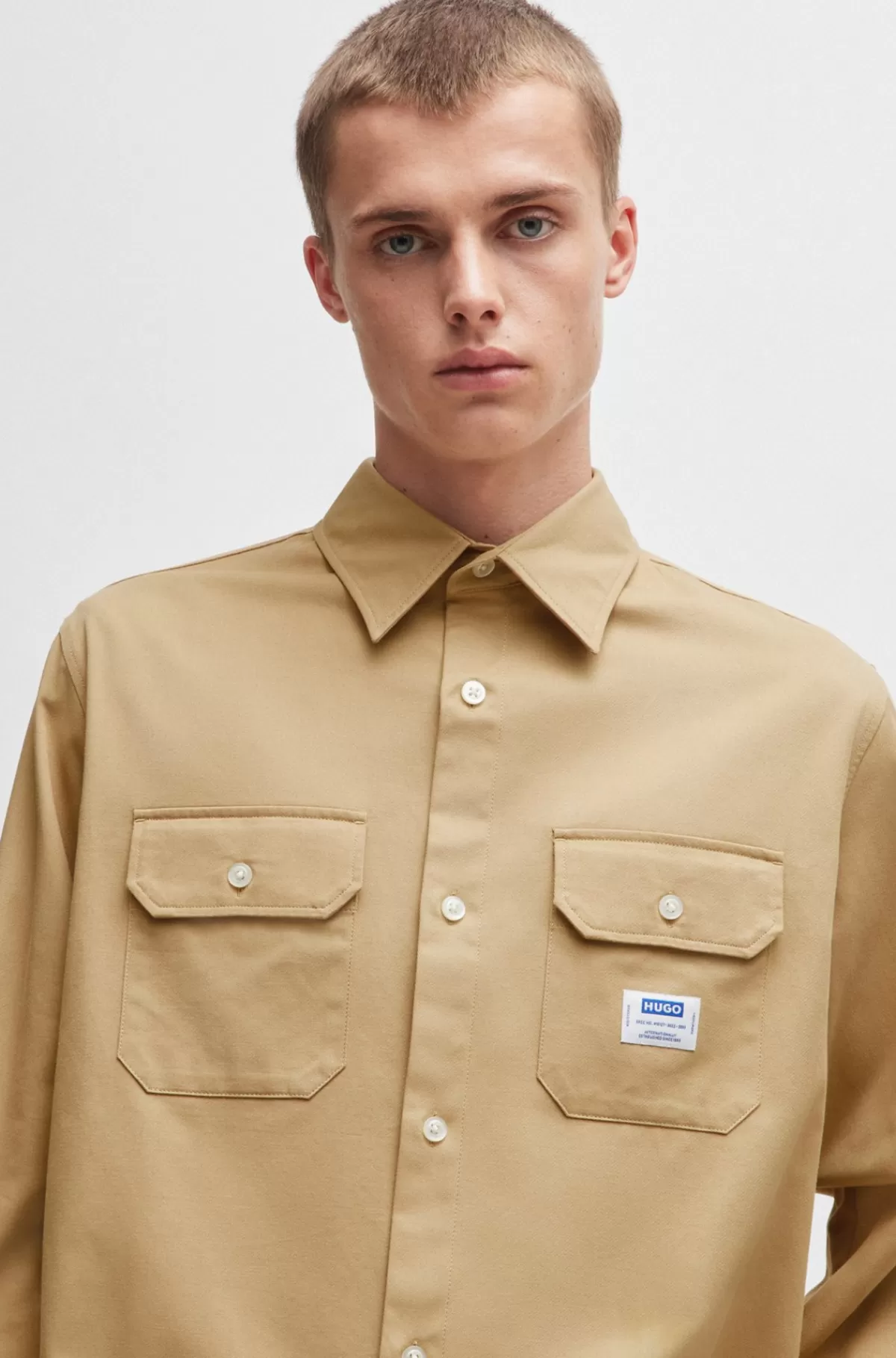 HUGO BOSS Skjorte I Bomuldstwill Med Logomærkat Beige Clearance