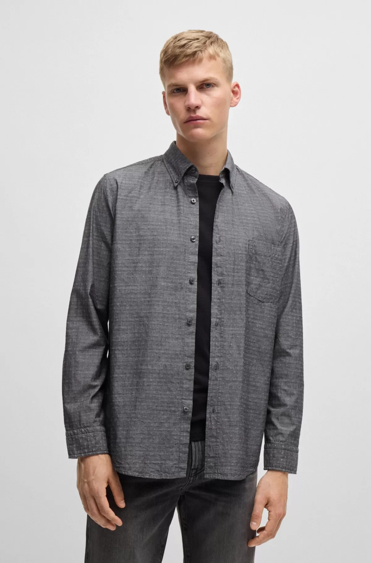HUGO BOSS Skjorte I Dobby-bomuld Med Afslappet Krave Og Regular Fit Sort Hot