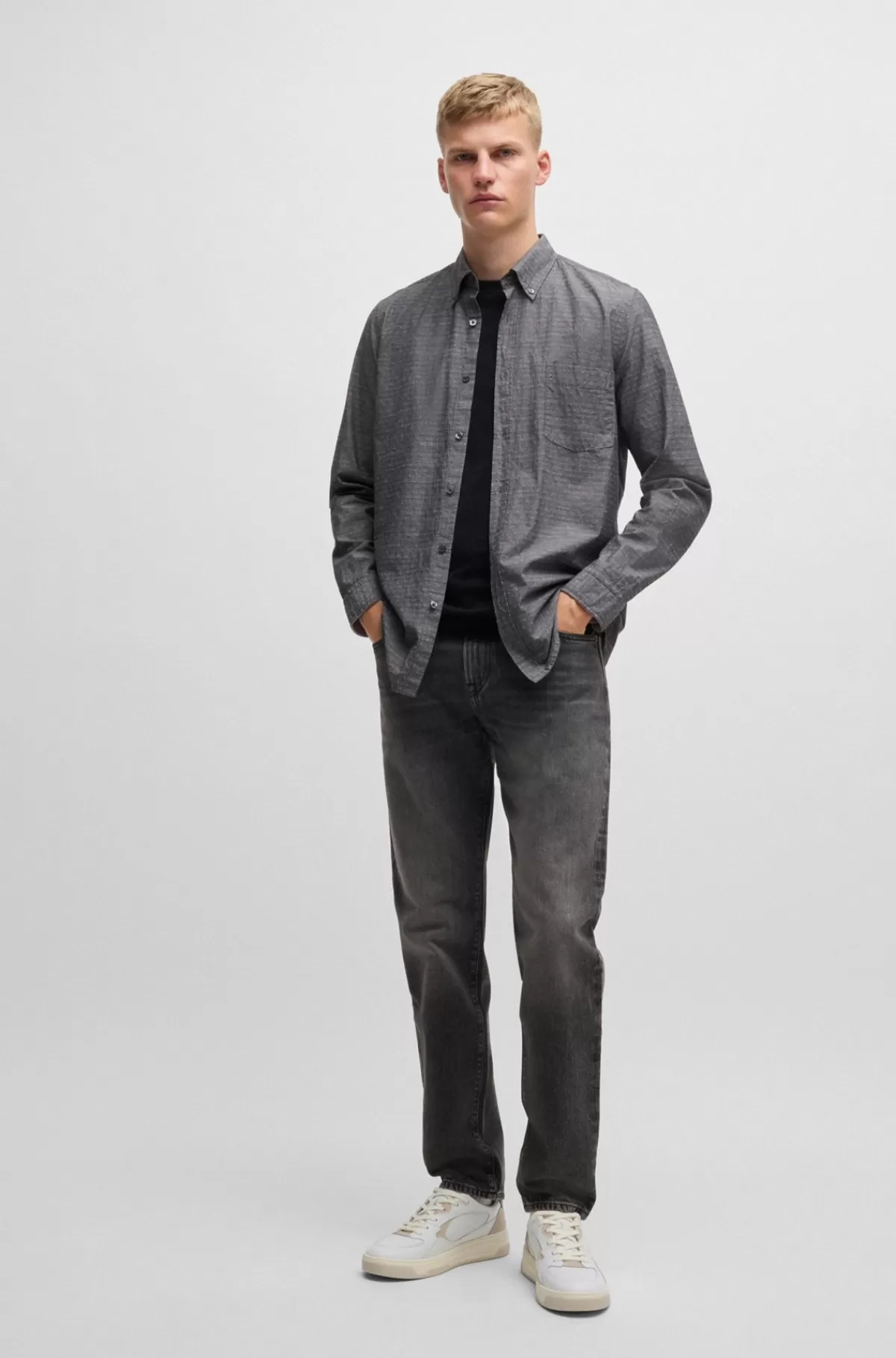 HUGO BOSS Skjorte I Dobby-bomuld Med Afslappet Krave Og Regular Fit Sort Hot
