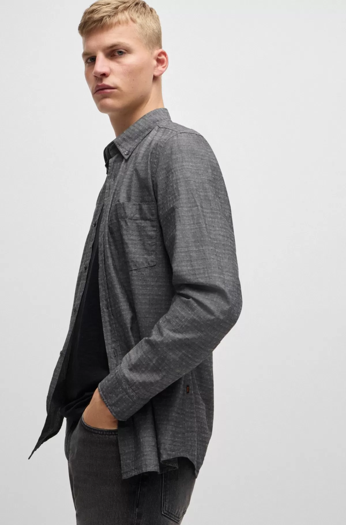 HUGO BOSS Skjorte I Dobby-bomuld Med Afslappet Krave Og Regular Fit Sort Hot