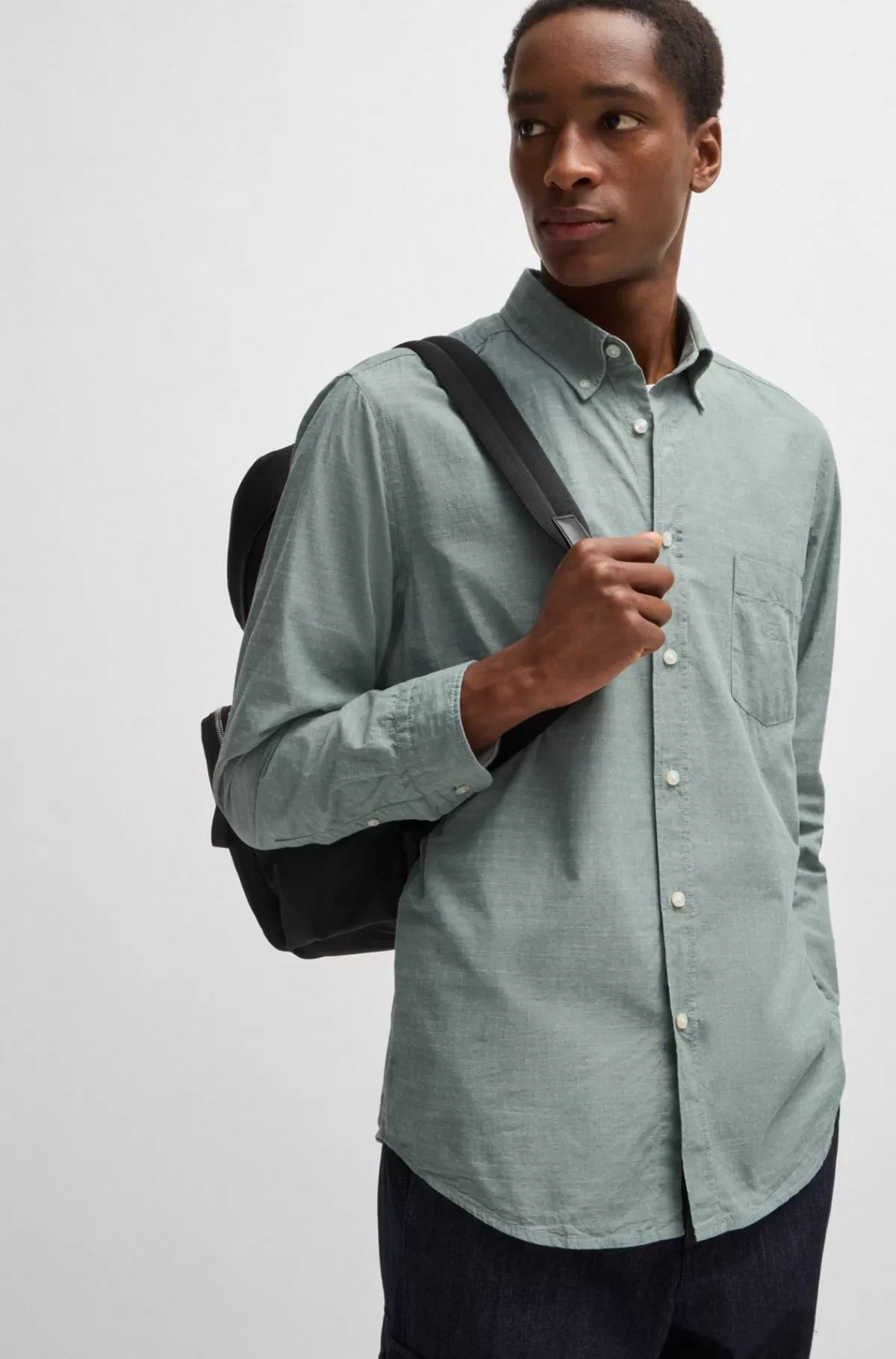 HUGO BOSS Skjorte I Dobby-bomuld Med Afslappet Krave Og Regular Fit Lysegrøn Shop