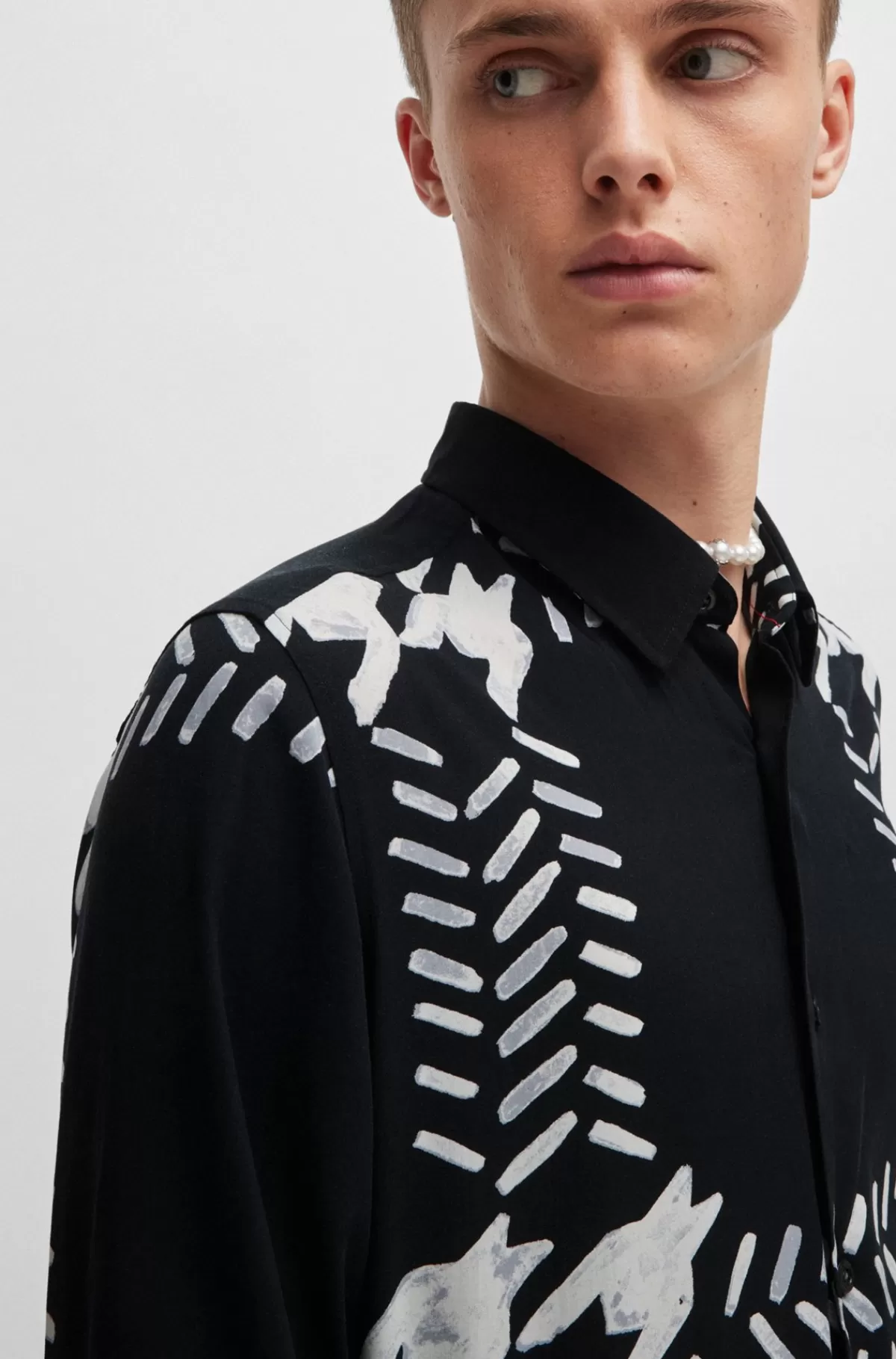 HUGO BOSS Skjorte I Kanvas Med Print, Relaxed Fit Og Kent-krave Mønstret Clearance