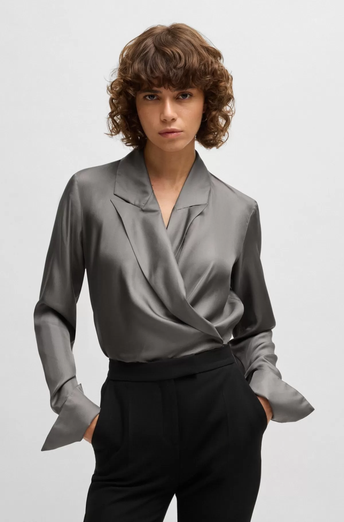 HUGO BOSS Skjorte I Silke Med Slim Fit Og Slå Om-design Foran Mørkegrå Best