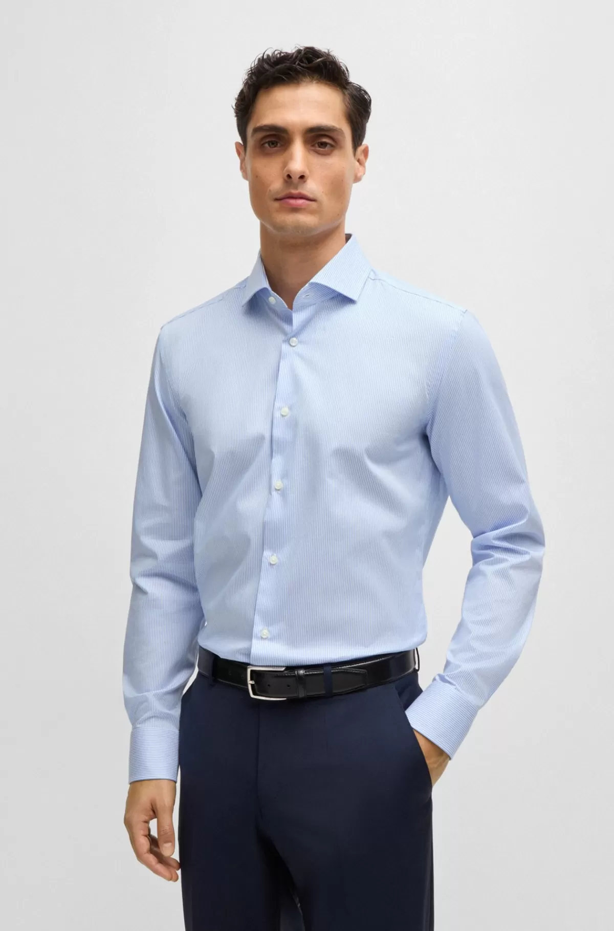 HUGO BOSS Skjorte I Slim Fit Af Stribet Bomuldstwill Lyseblå Clearance