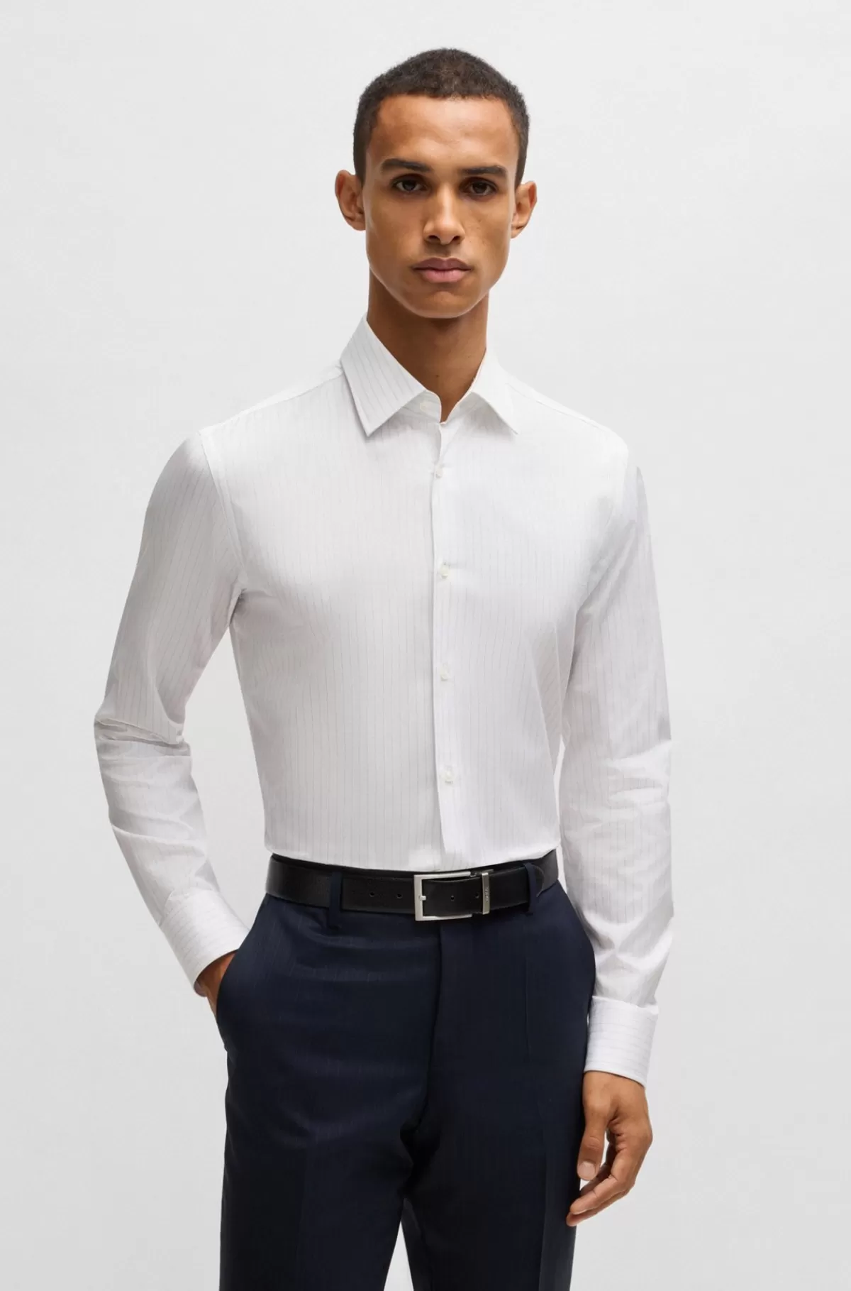 HUGO BOSS Skjorte I Slim Fit Af Stribet Bomuldstwill Hvid Discount