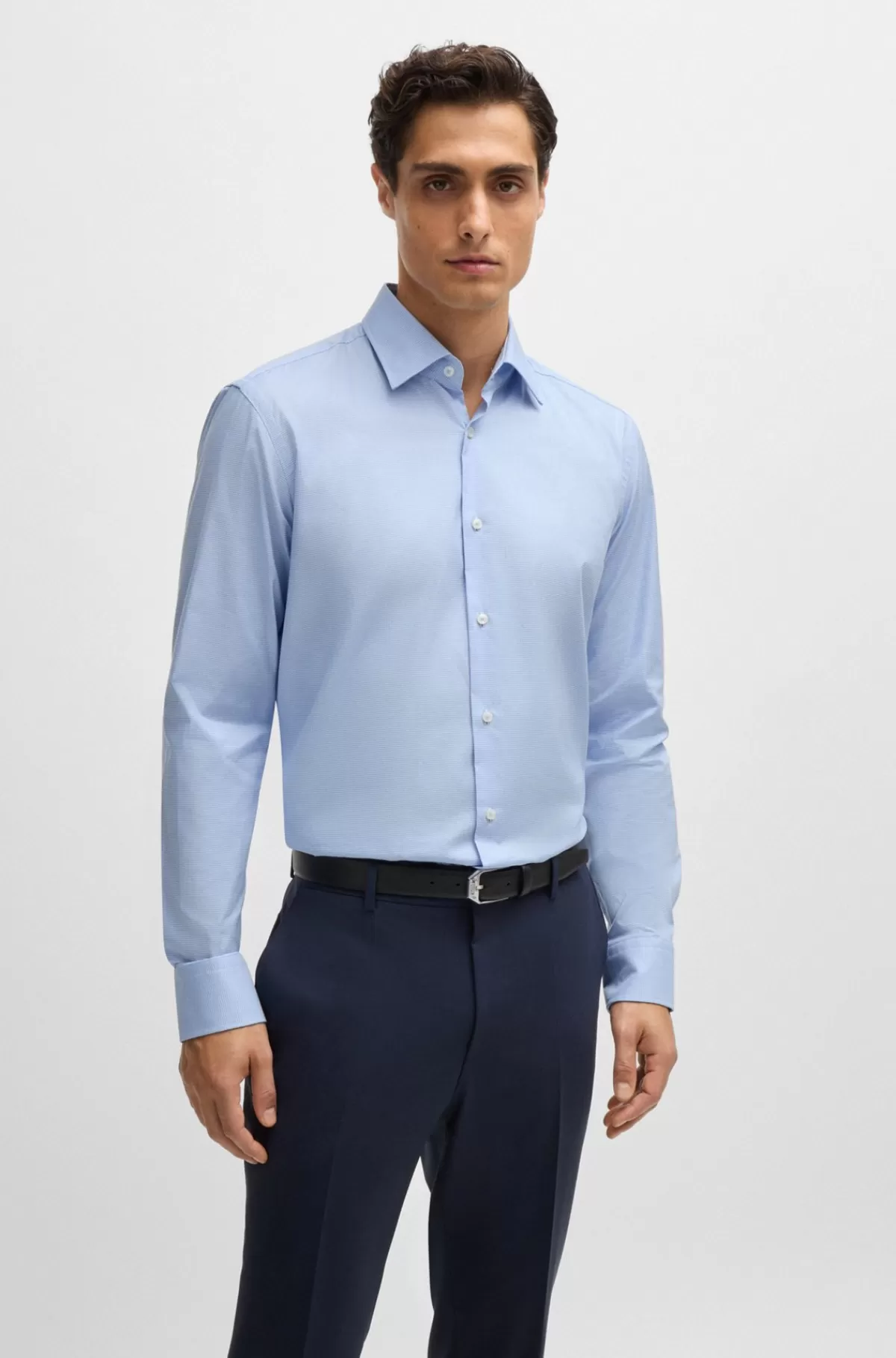 HUGO BOSS Skjorte I Strygelet Pepitabomuld Med Stræk Og Regular Fit Lyseblå Cheap
