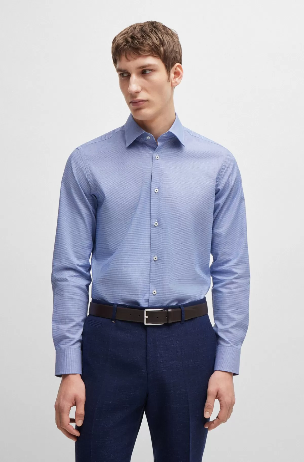 HUGO BOSS Skjorte I Strygelet Pepitabomuld Med Stræk Og Regular Fit Blå Cheap