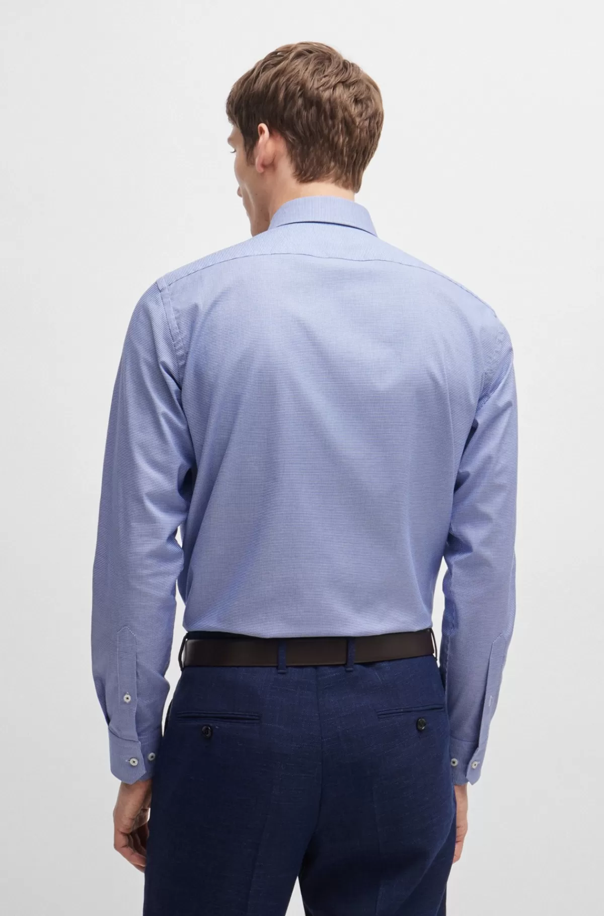 HUGO BOSS Skjorte I Strygelet Pepitabomuld Med Stræk Og Regular Fit Blå Cheap