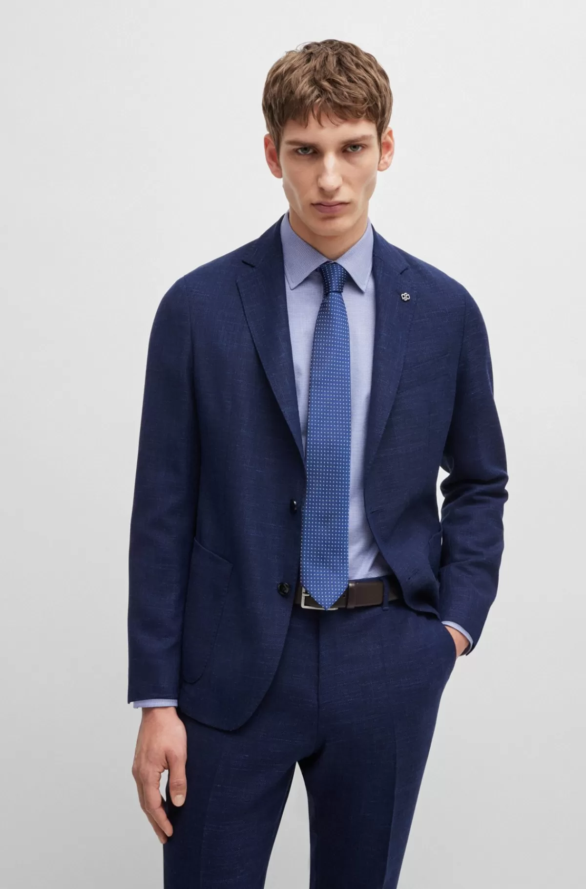 HUGO BOSS Skjorte I Strygelet Pepitabomuld Med Stræk Og Regular Fit Blå Cheap