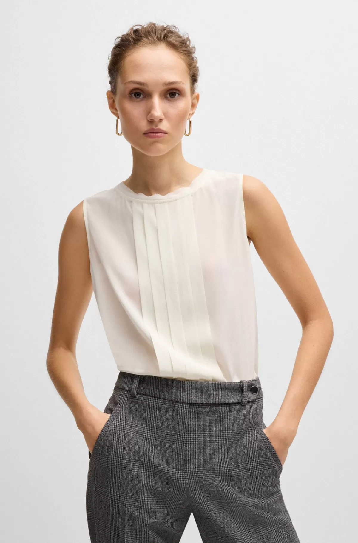 HUGO BOSS Skjorte I Vasket Silke Uden ærmer Med Læg Foran Hvid Store
