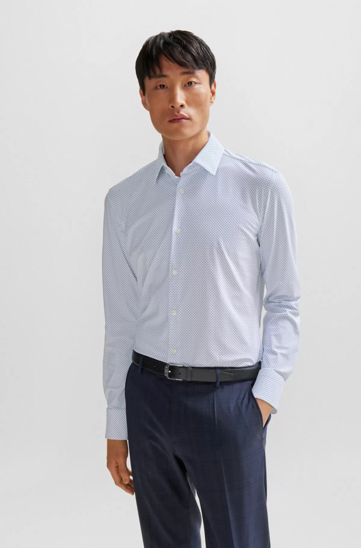 HUGO BOSS Skjorte Islim Fit Med Printet Stof Med Performance-stræk Lyseblå Shop