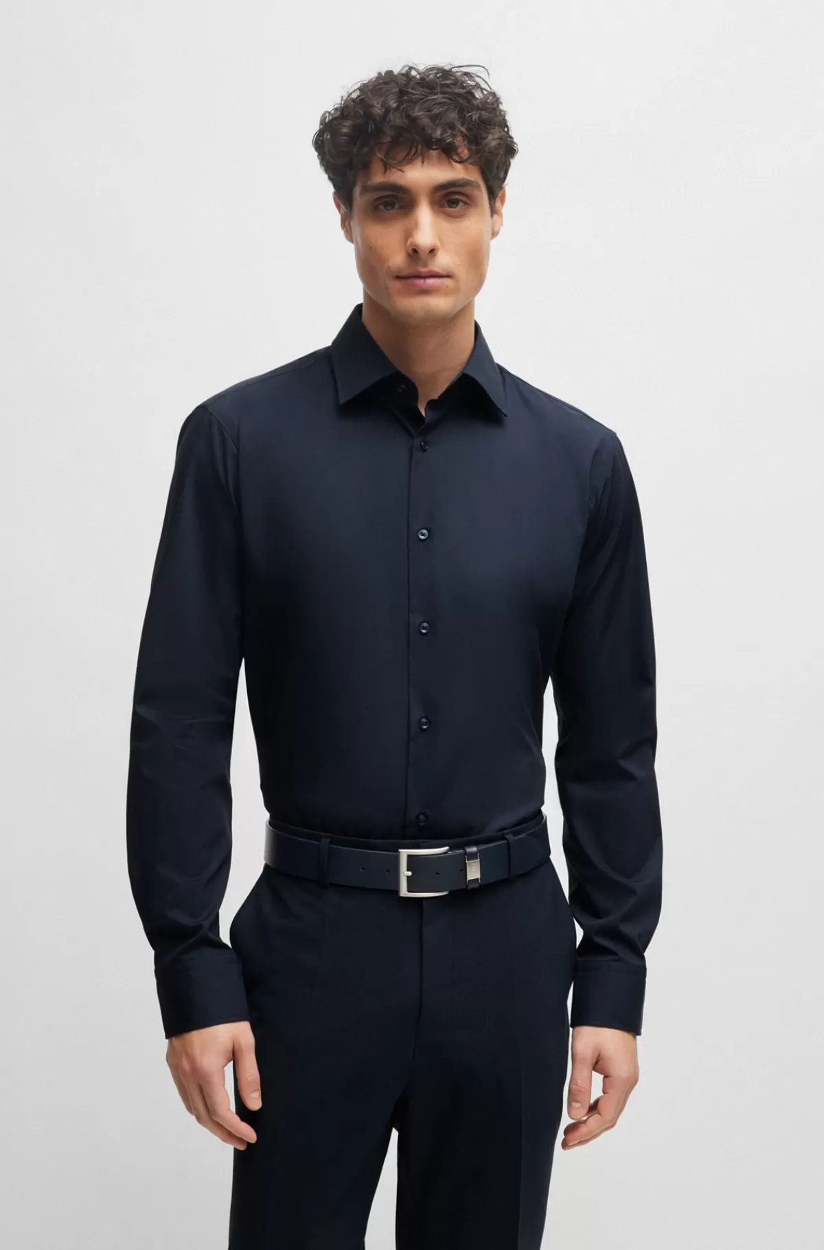 HUGO BOSS Skjorte Med Almindelig Pasform I Bomuldspoplin Med Stræk, Der Er Let At Stryge Mørkeblå Flash Sale