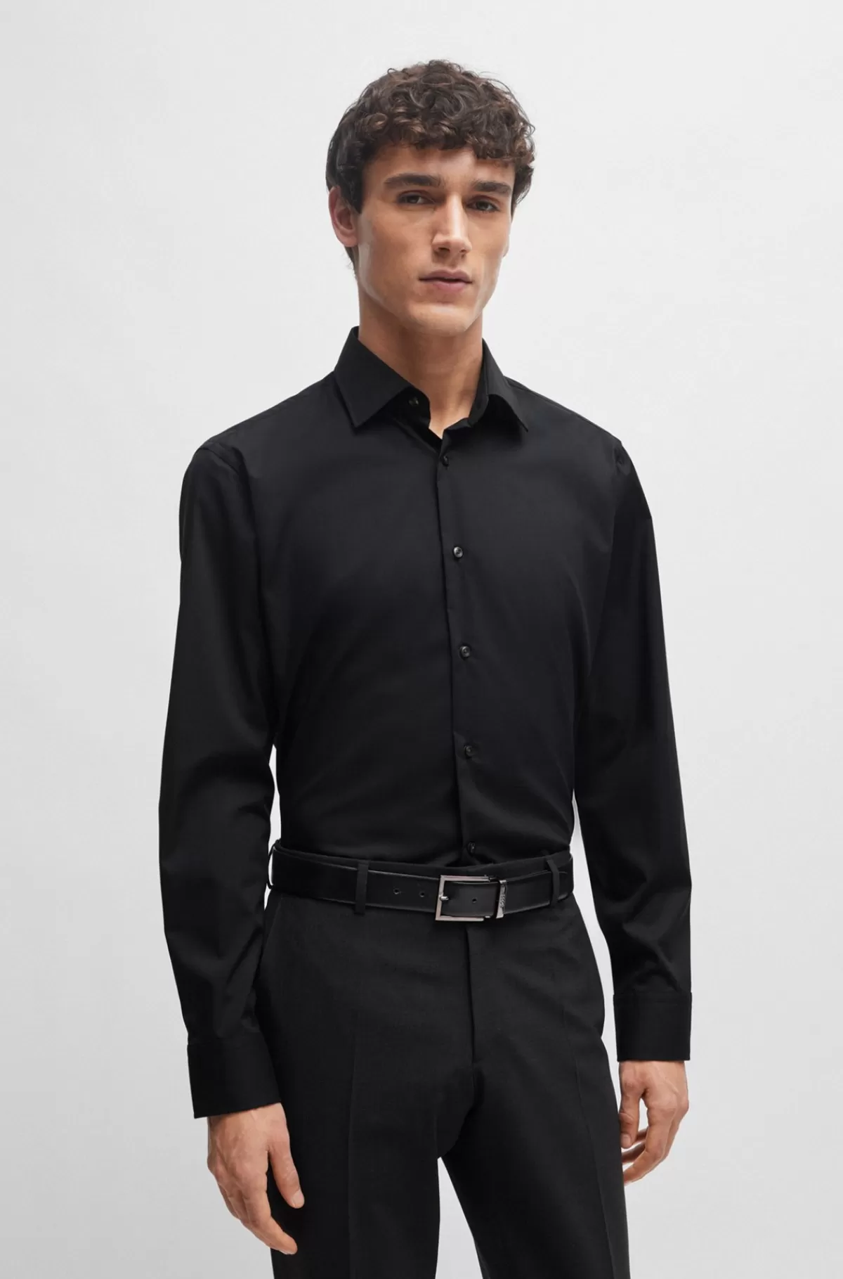 HUGO BOSS Skjorte Med Almindelig Pasform I Bomuldspoplin Med Stræk, Der Er Let At Stryge Sort Flash Sale