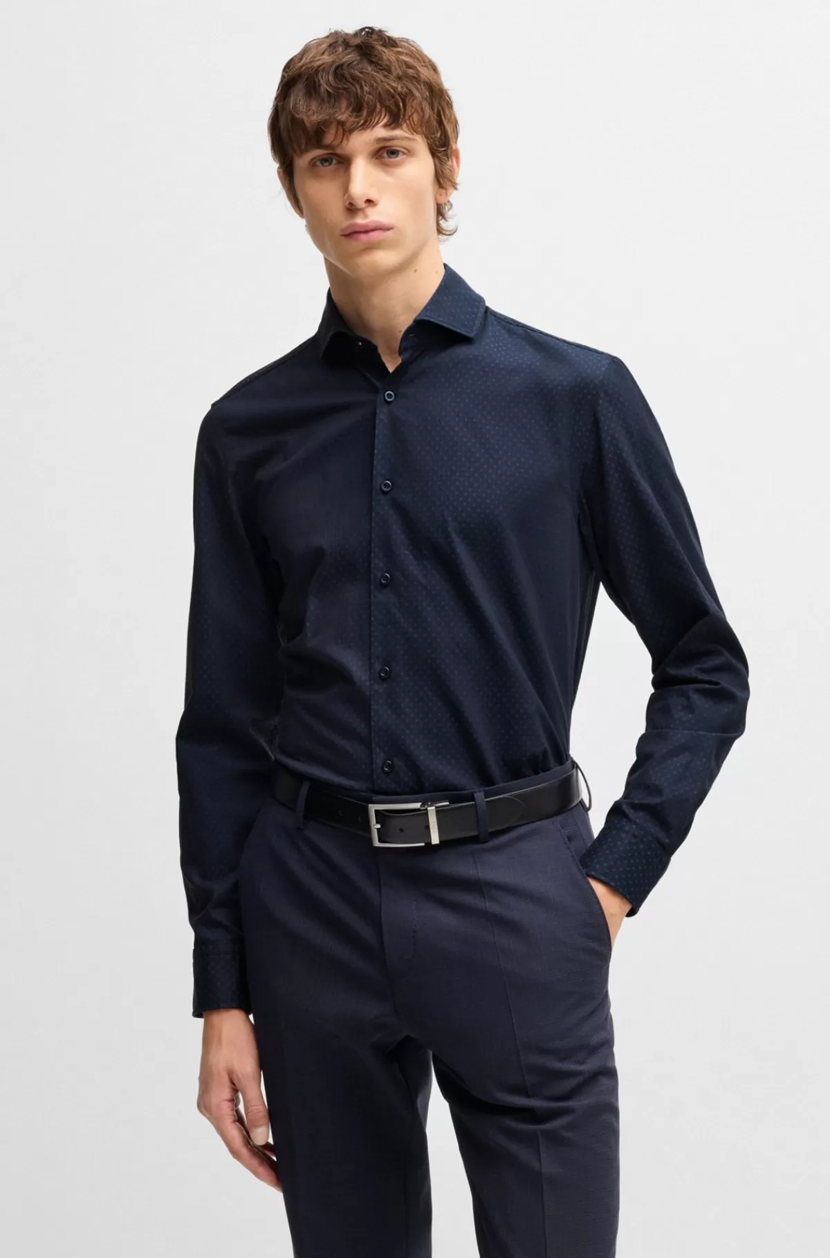 HUGO BOSS Skjorte Med Casual Fit I Mønstret Bomuld Med Struktur Mørkeblå Best