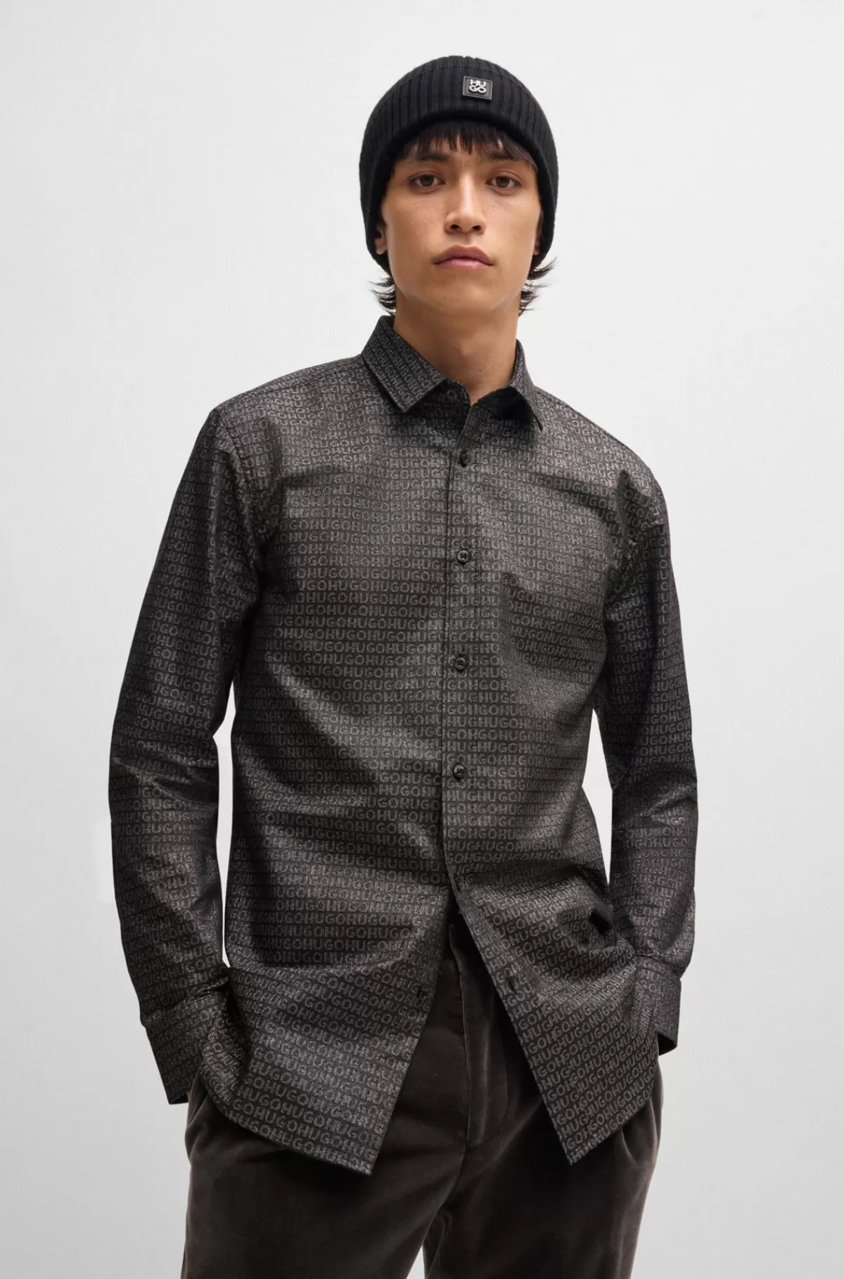 HUGO BOSS Skjorte Med Extra Slim Fit I Bomuldsblanding Med Logomønster Sort Online