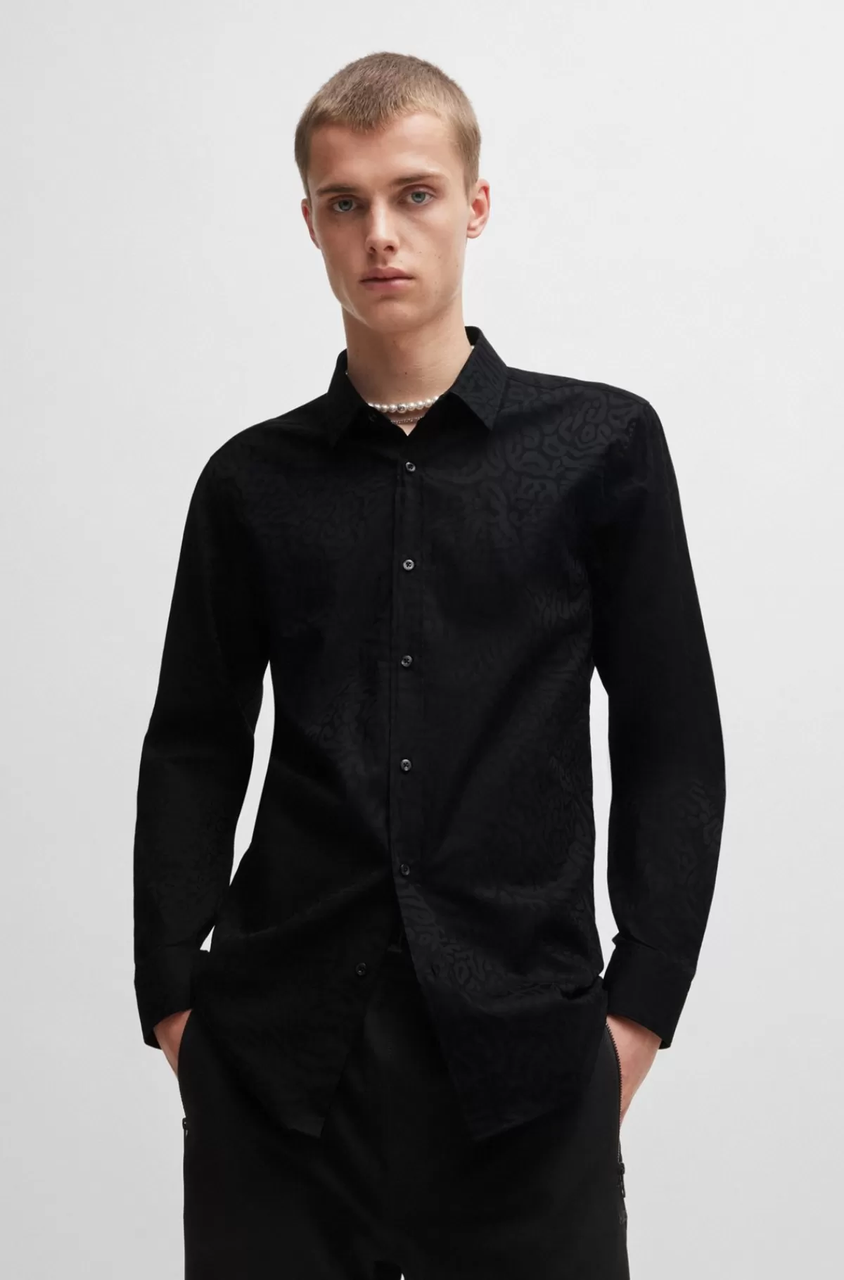 HUGO BOSS Skjorte Med Extra Slim Fit I Bomuldsjacquard Med Dyremønster Sort Shop