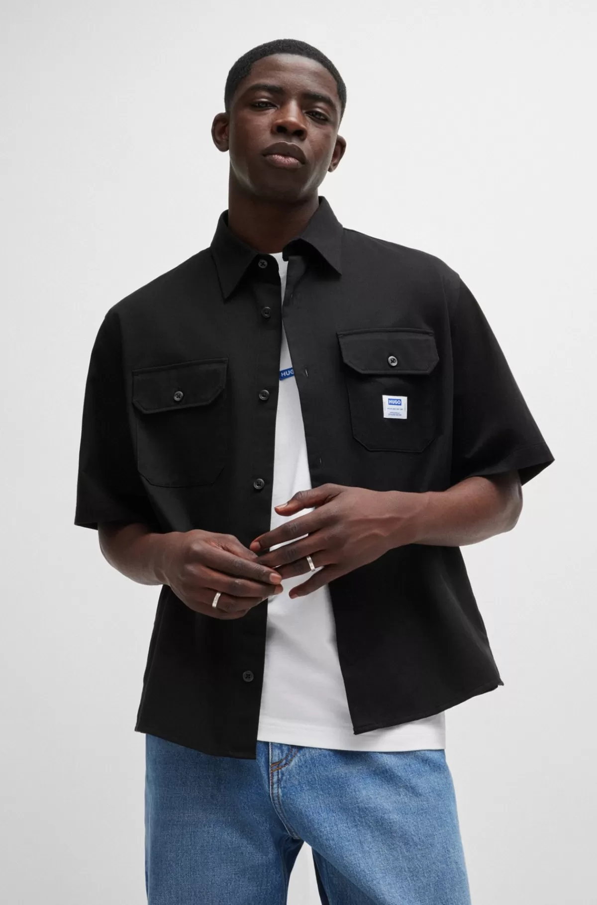 HUGO BOSS Skjorte Med Loose Fit I Bomuldstwill Med Logomærke Sort Discount