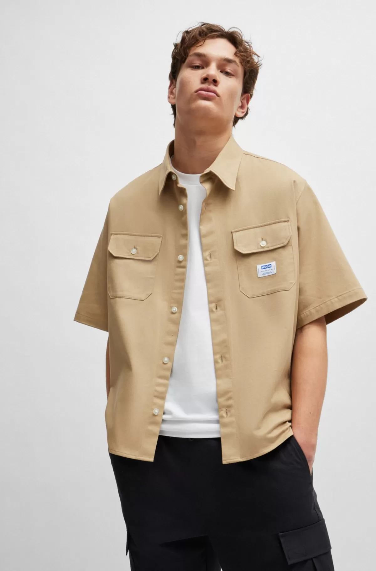 HUGO BOSS Skjorte Med Loose Fit I Bomuldstwill Med Logomærke Beige Clearance