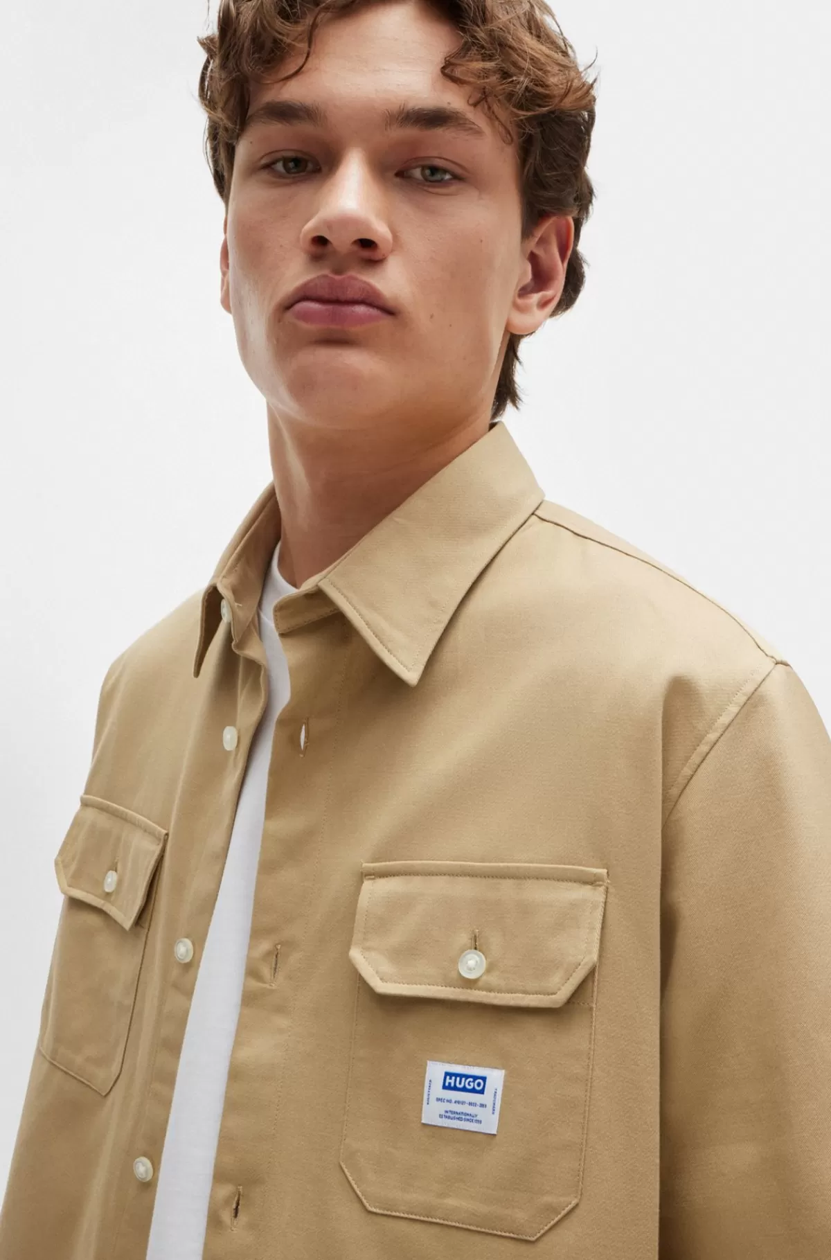 HUGO BOSS Skjorte Med Loose Fit I Bomuldstwill Med Logomærke Beige Clearance