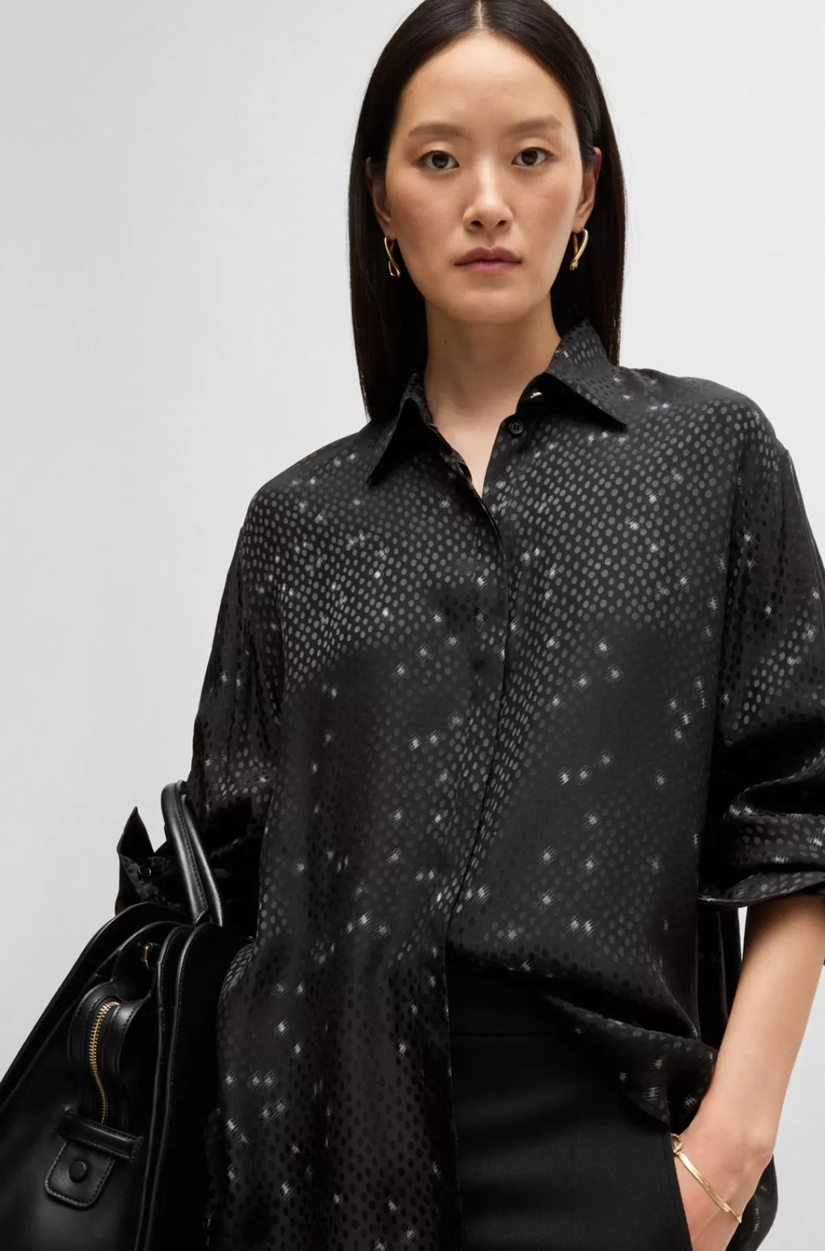 HUGO BOSS Skjorte Med Loose Fit I Prikket Jacquard Med Print Sort mønstret Outlet