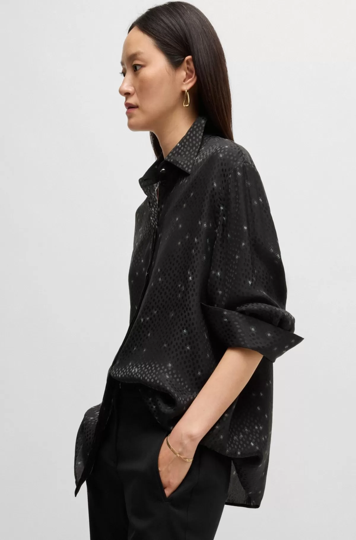 HUGO BOSS Skjorte Med Loose Fit I Prikket Jacquard Med Print Sort mønstret Outlet