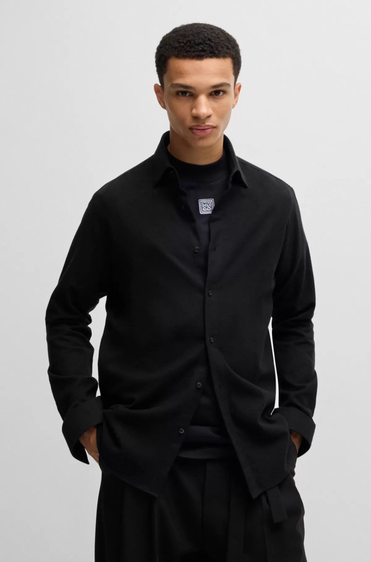 HUGO BOSS Skjorte Med Modern Fit I Bomuldsflannel Sort Outlet