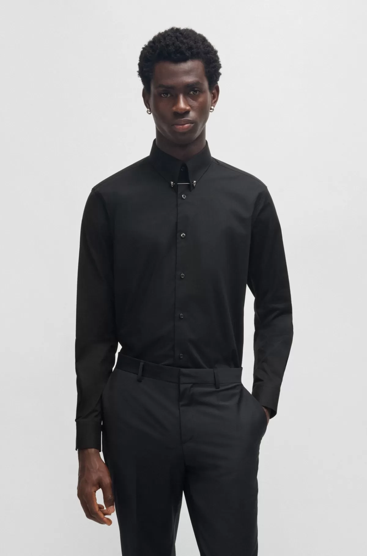 HUGO BOSS Skjorte Med Moderne Fit I Bomuld Med Stræk Og Kravenål Sort Online