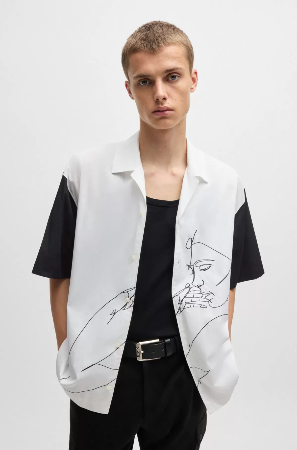 HUGO BOSS Skjorte Med Oversize Fit I Bomuld Med Ansigtsprint Hvid Online