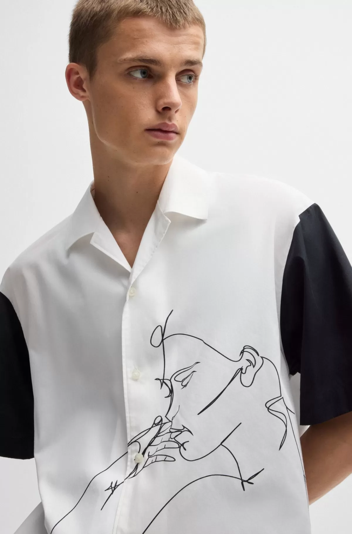 HUGO BOSS Skjorte Med Oversize Fit I Bomuld Med Ansigtsprint Hvid Online