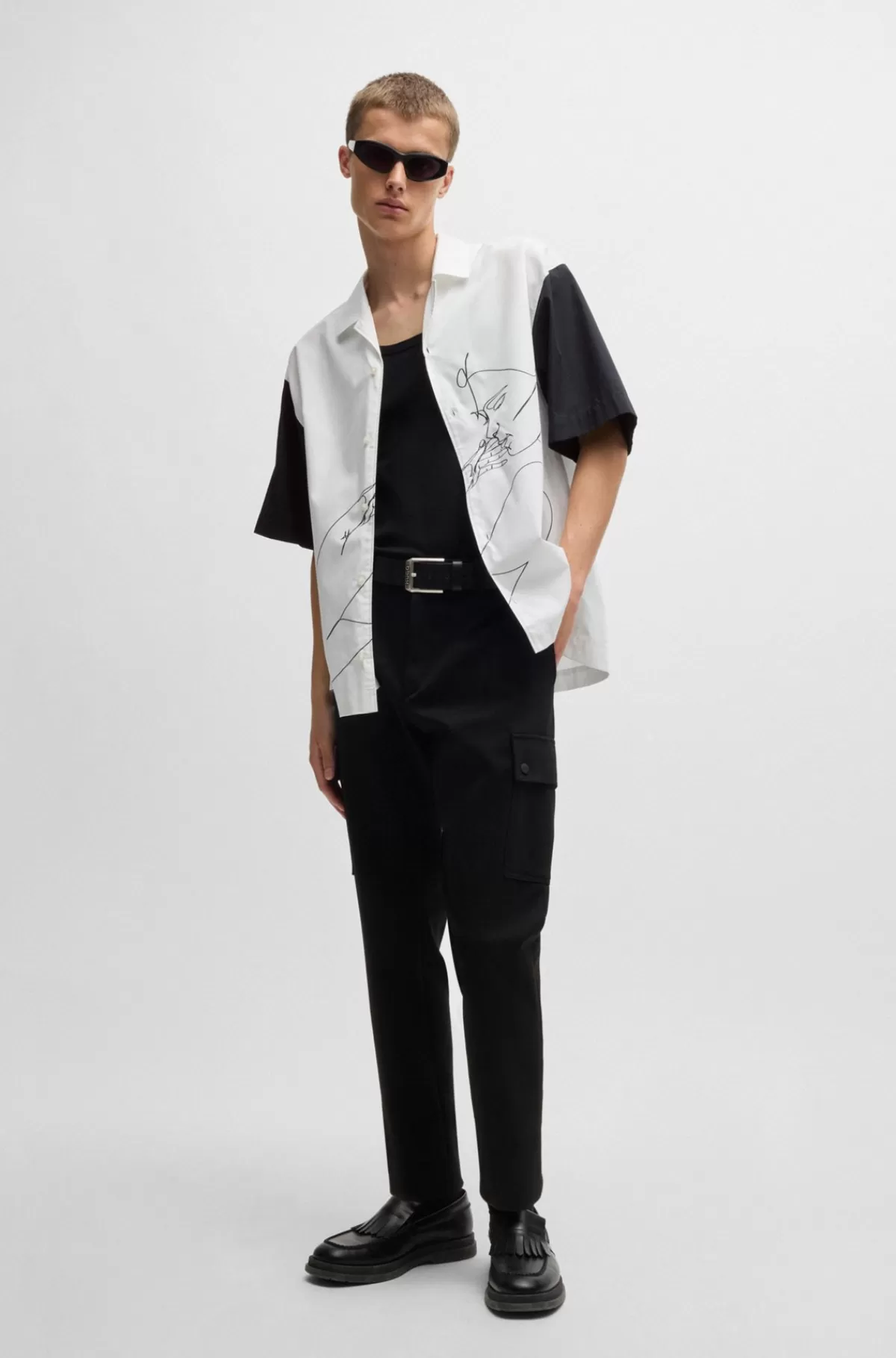 HUGO BOSS Skjorte Med Oversize Fit I Bomuld Med Ansigtsprint Hvid Online