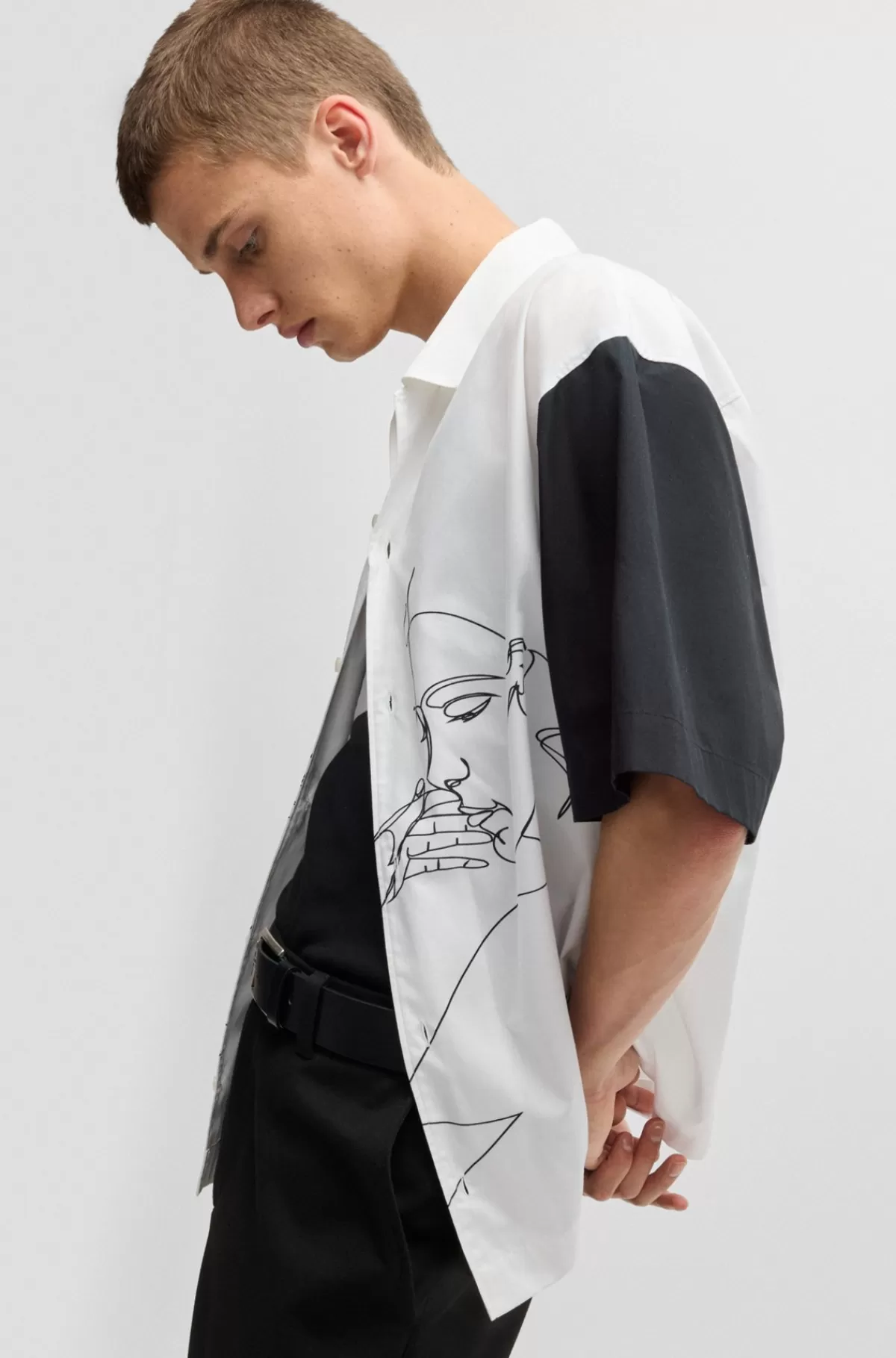 HUGO BOSS Skjorte Med Oversize Fit I Bomuld Med Ansigtsprint Hvid Online