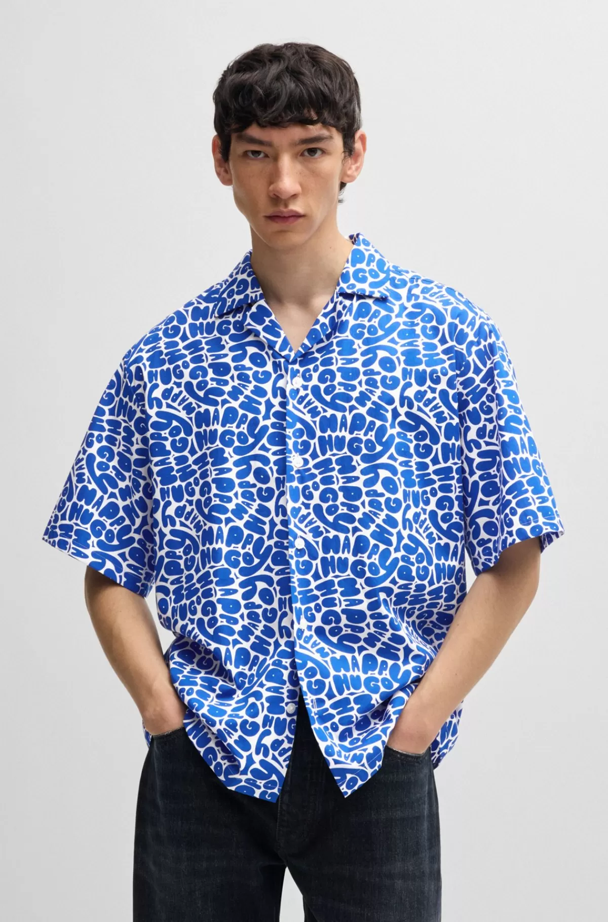HUGO BOSS Skjorte Med Oversize Fit I Bomuld Med Sæsonens Print Lyseblå Best