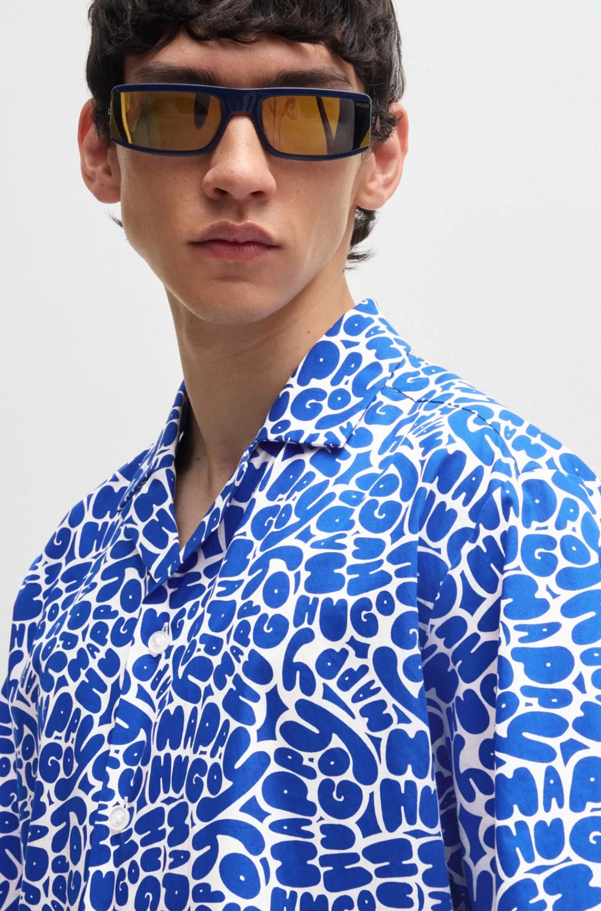 HUGO BOSS Skjorte Med Oversize Fit I Bomuld Med Sæsonens Print Lyseblå Best