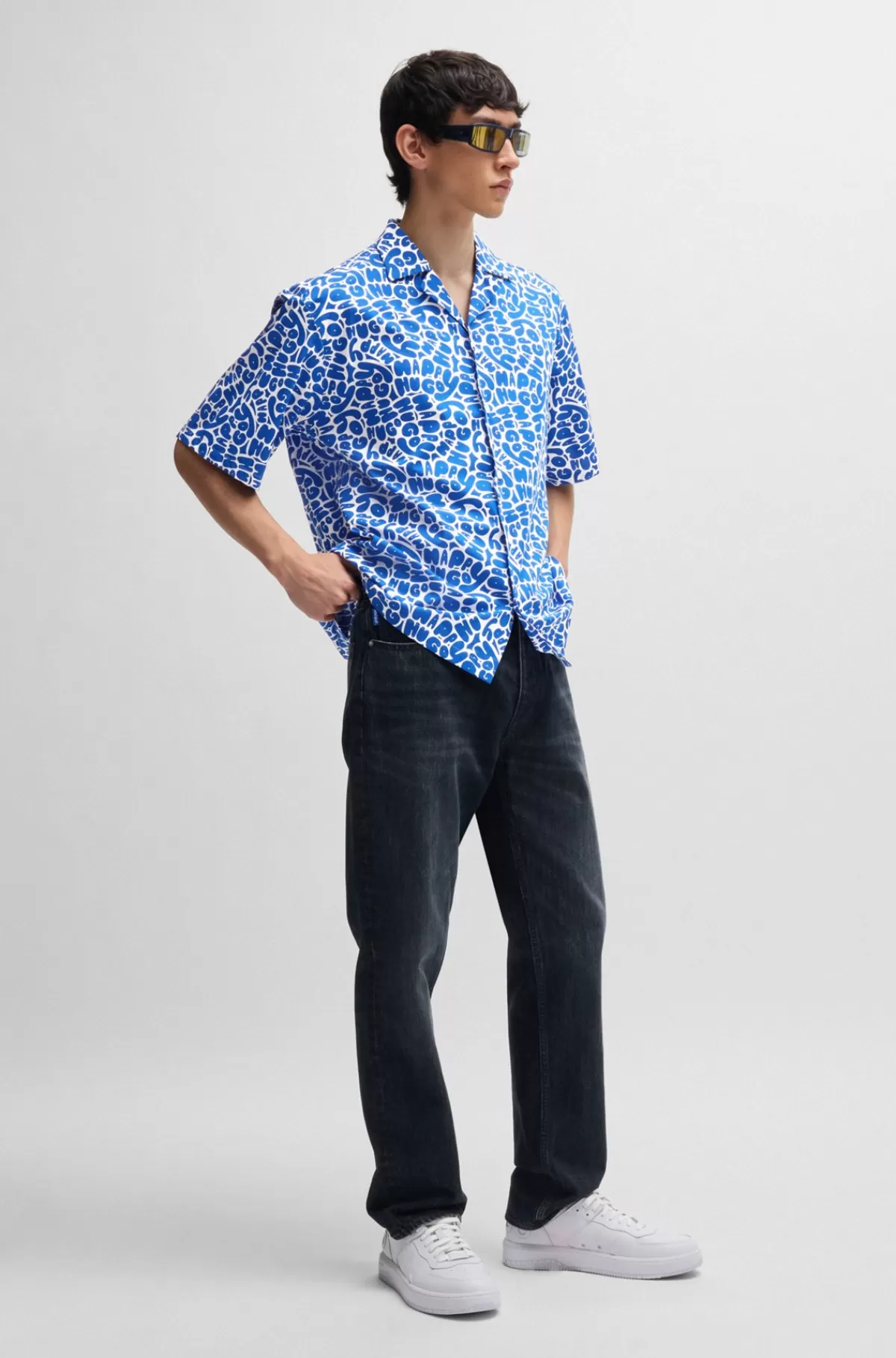 HUGO BOSS Skjorte Med Oversize Fit I Bomuld Med Sæsonens Print Lyseblå Best