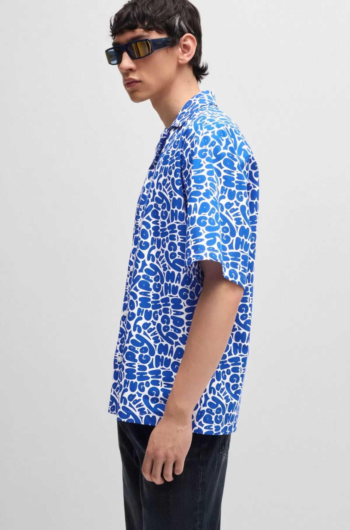 HUGO BOSS Skjorte Med Oversize Fit I Bomuld Med Sæsonens Print Lyseblå Best