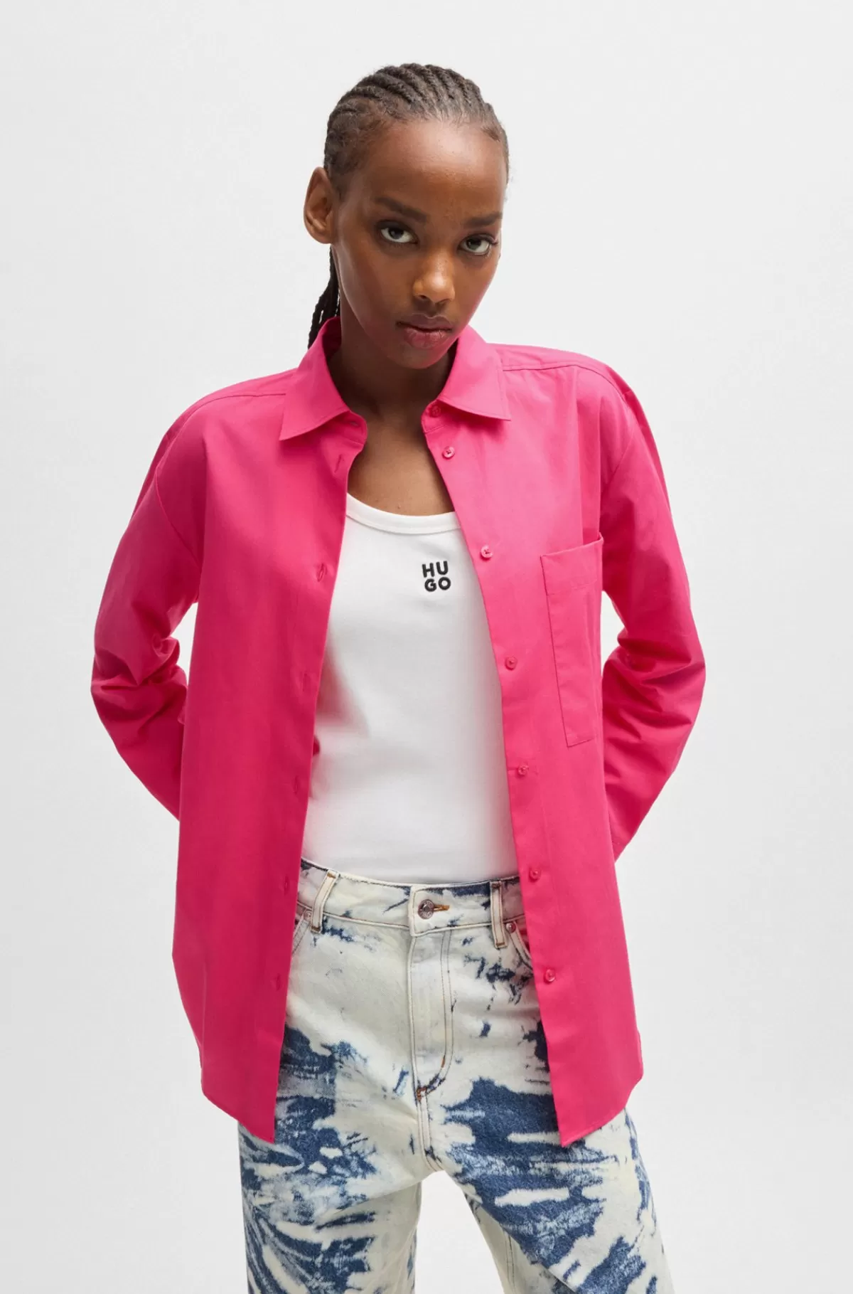HUGO BOSS Skjorte Med Oversize Fit I Bomuldskanvas Med Broderet Logo Pink Flash Sale