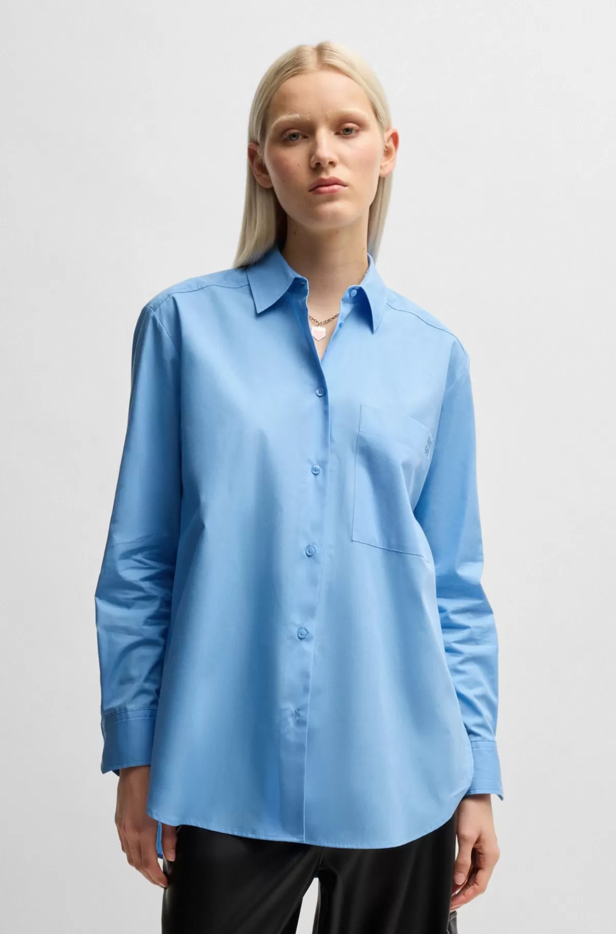 HUGO BOSS Skjorte Med Oversize Fit I Bomuldskanvas Med Broderet Logo Lyseblå Clearance