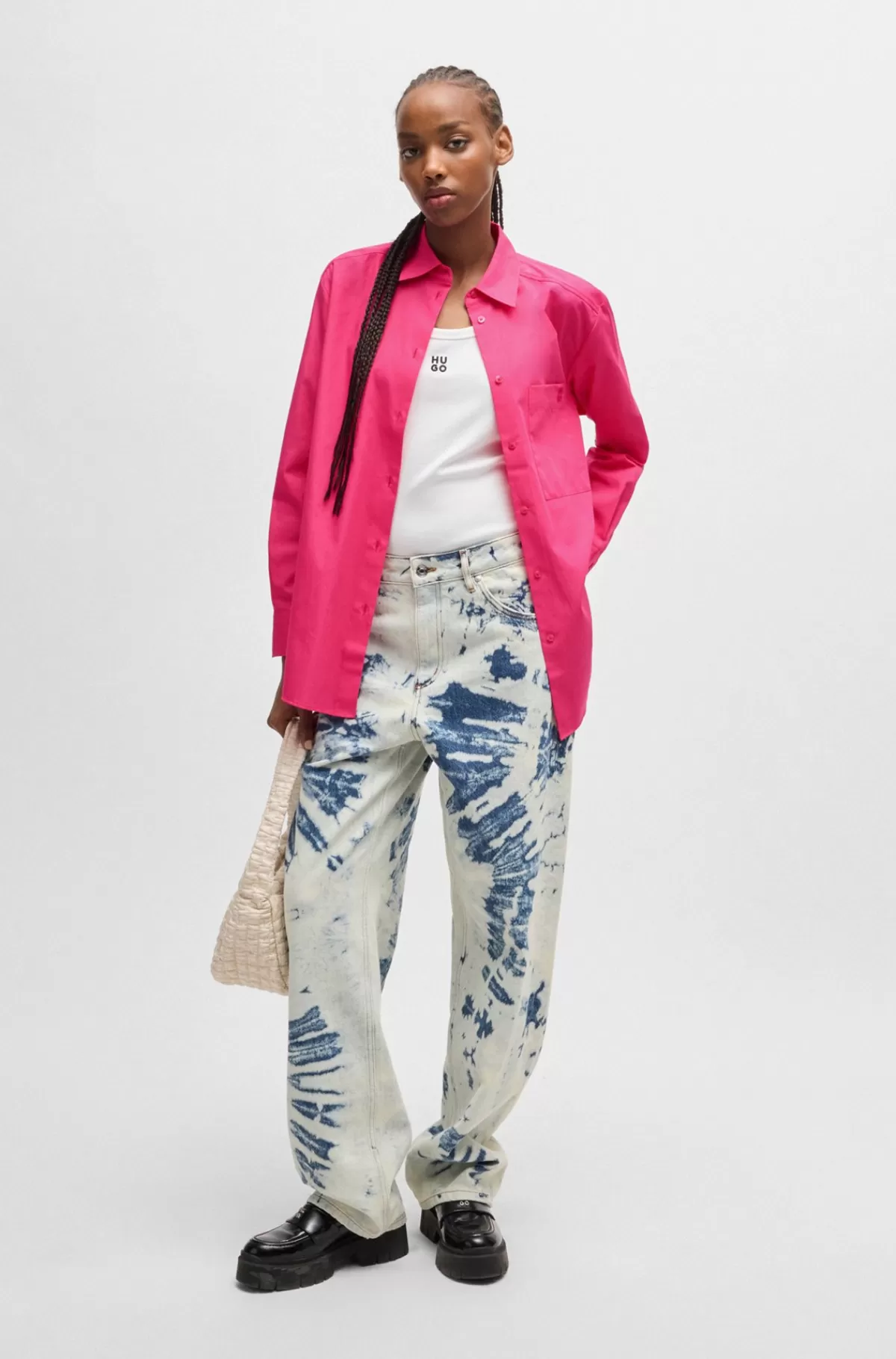 HUGO BOSS Skjorte Med Oversize Fit I Bomuldskanvas Med Broderet Logo Pink Flash Sale