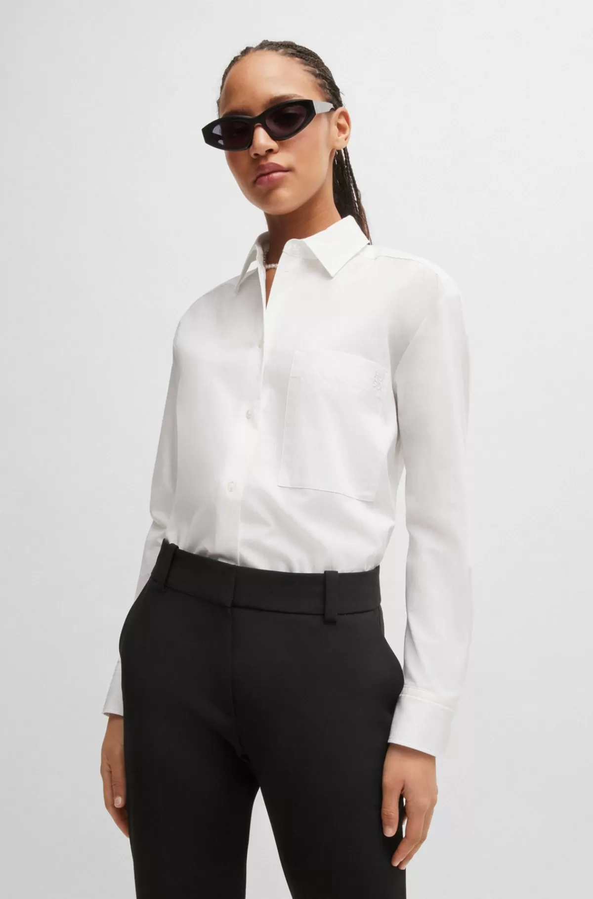 HUGO BOSS Skjorte Med Oversize Fit I Bomuldskanvas Med Broderet Logo Hvid Discount