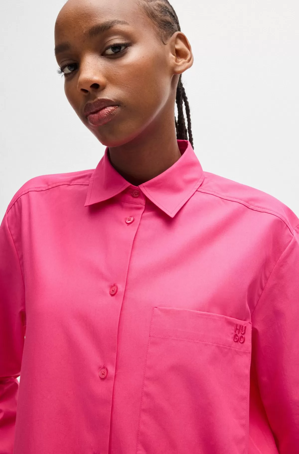 HUGO BOSS Skjorte Med Oversize Fit I Bomuldskanvas Med Broderet Logo Pink Flash Sale
