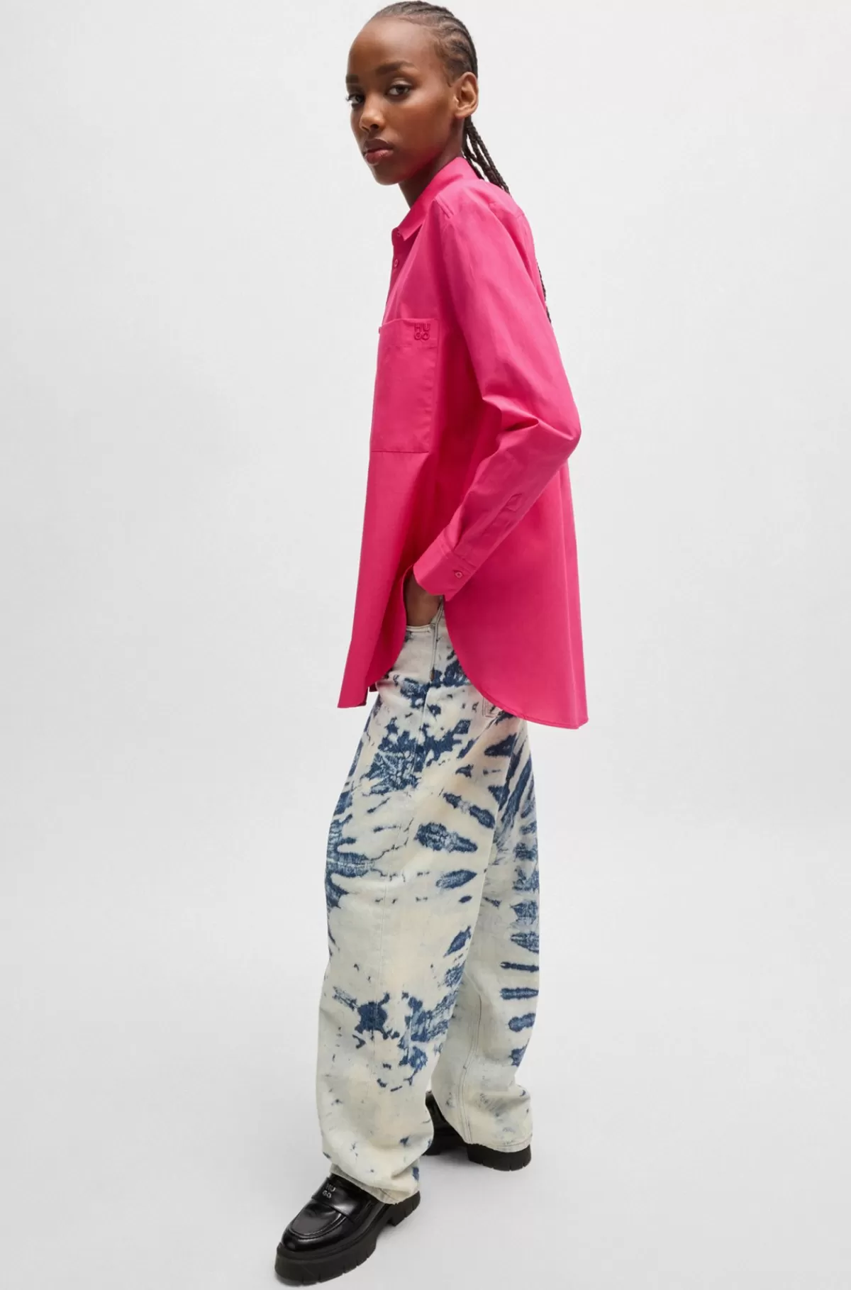 HUGO BOSS Skjorte Med Oversize Fit I Bomuldskanvas Med Broderet Logo Pink Flash Sale