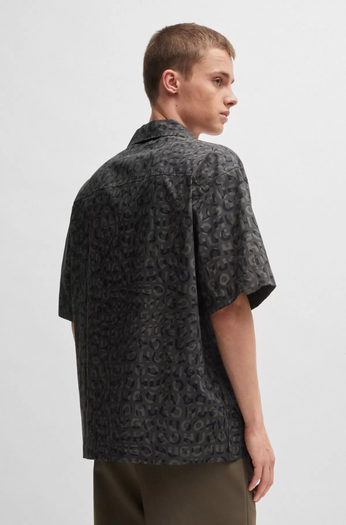 HUGO BOSS Skjorte Med Oversize Fit I Bomuldspoplin Med Sæsonens Print Sort Best Sale