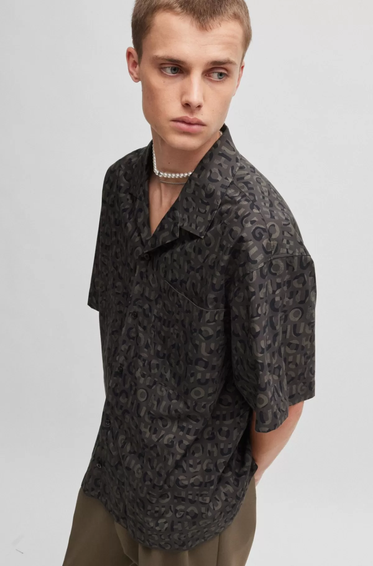 HUGO BOSS Skjorte Med Oversize Fit I Bomuldspoplin Med Sæsonens Print Sort Best Sale