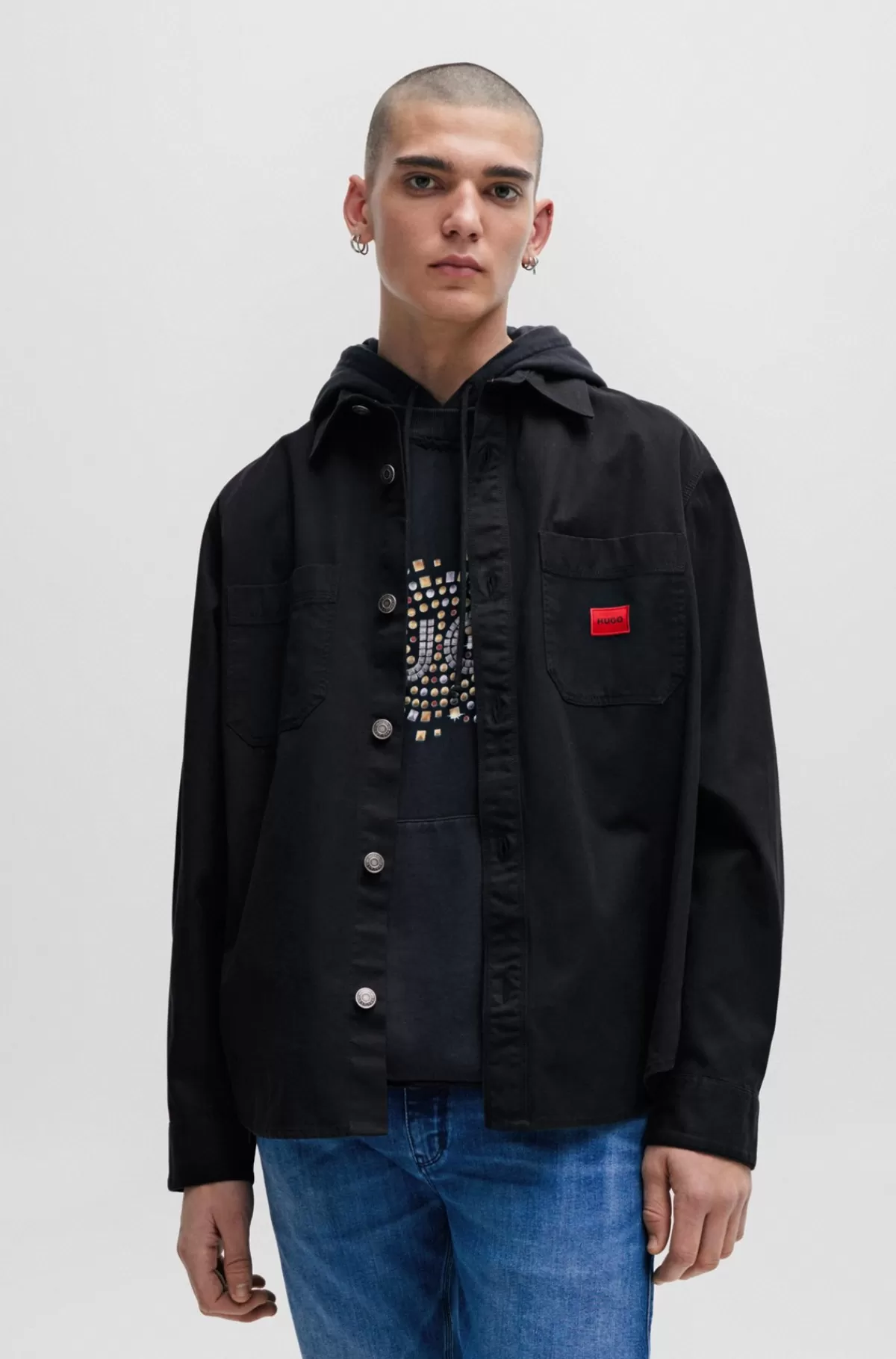 HUGO BOSS Skjorte Med Oversize Fit I Bomuldstwill Med Logomærkat Sort Online
