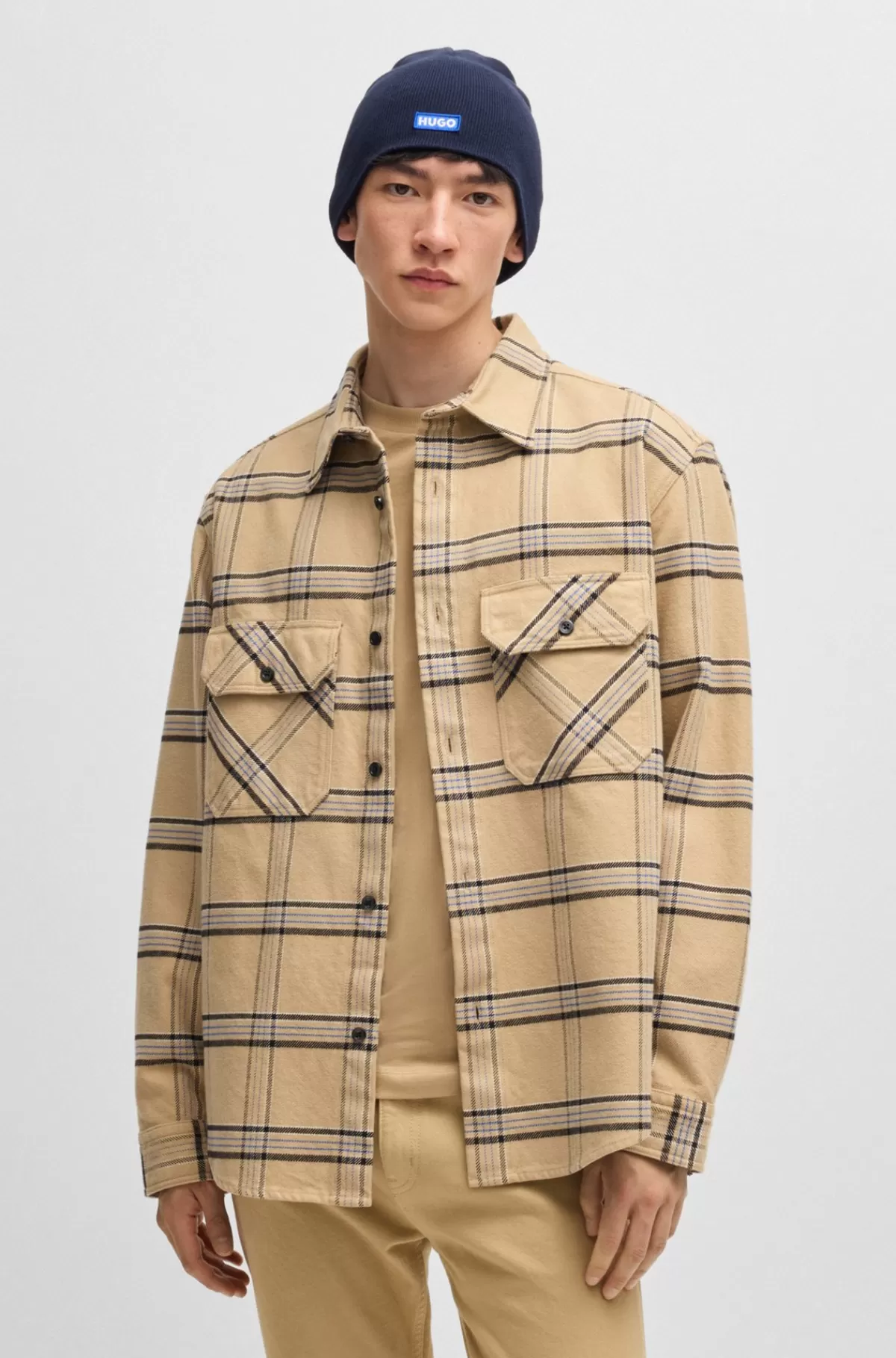 HUGO BOSS Skjorte Med Oversize Fit I Glen-ternet Bomuldstwill Beige Clearance