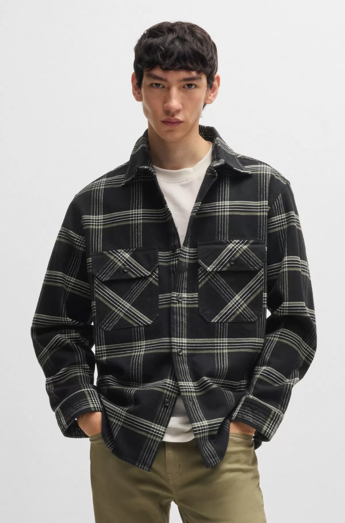 HUGO BOSS Skjorte Med Oversize Fit I Glen-ternet Bomuldstwill Sort Outlet