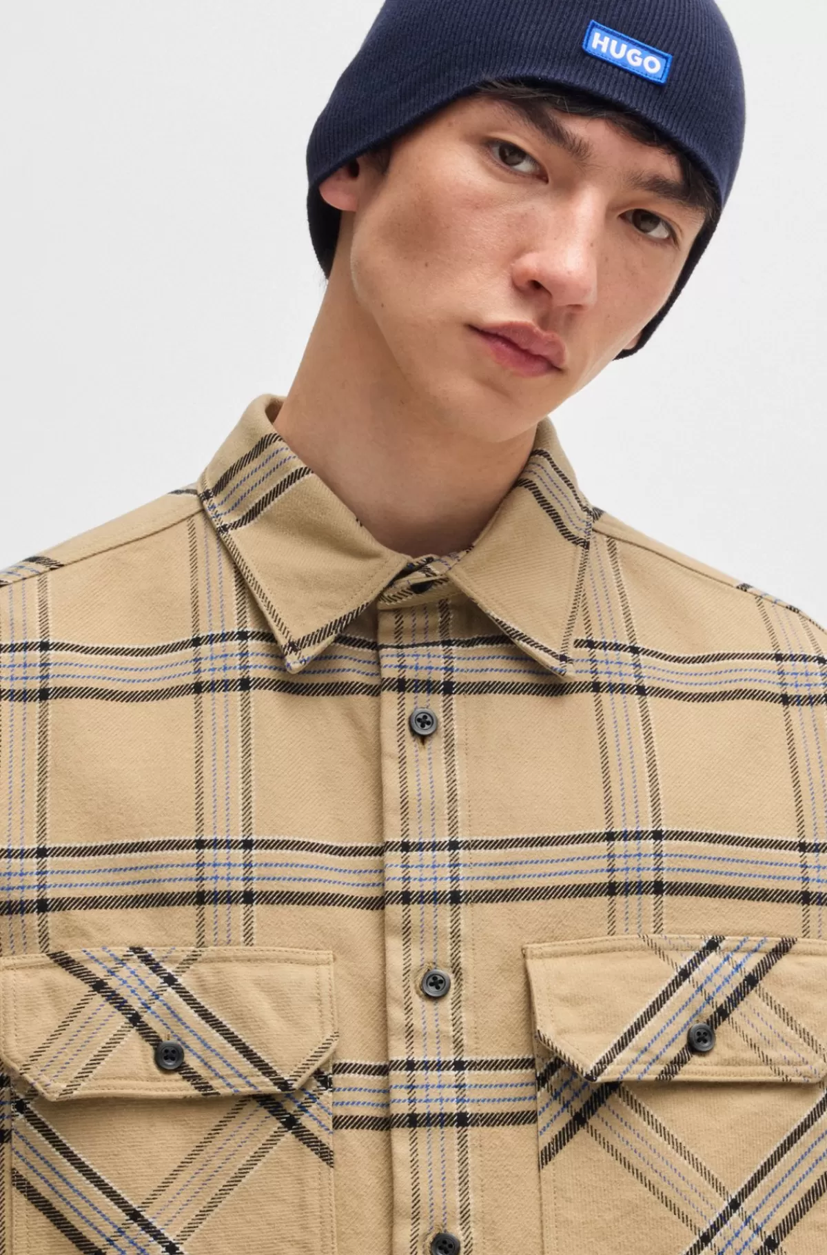 HUGO BOSS Skjorte Med Oversize Fit I Glen-ternet Bomuldstwill Beige Clearance