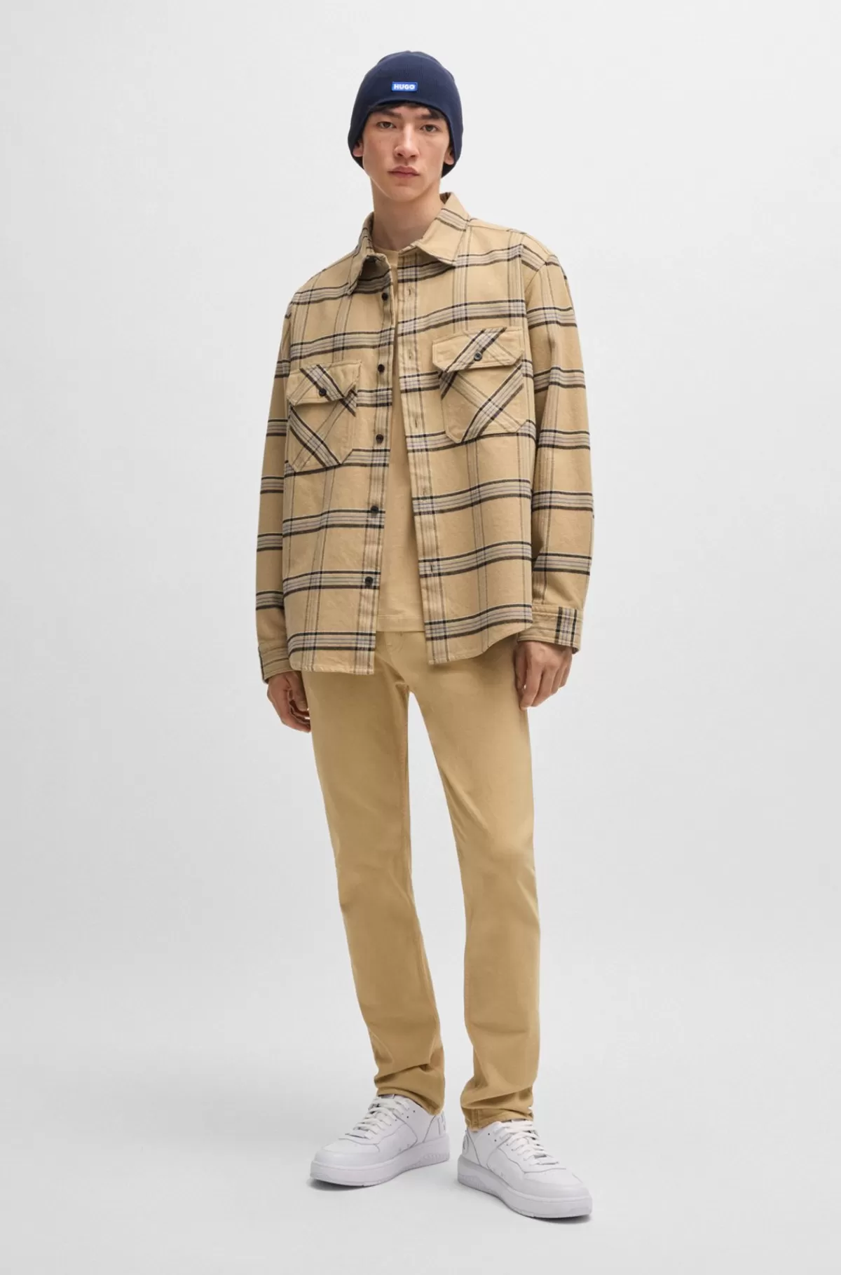 HUGO BOSS Skjorte Med Oversize Fit I Glen-ternet Bomuldstwill Beige Clearance