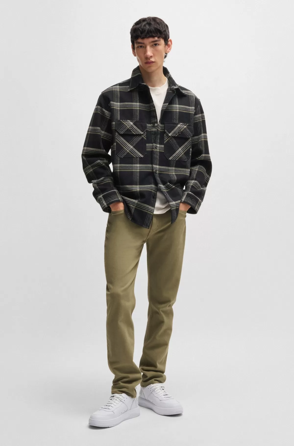HUGO BOSS Skjorte Med Oversize Fit I Glen-ternet Bomuldstwill Sort Outlet